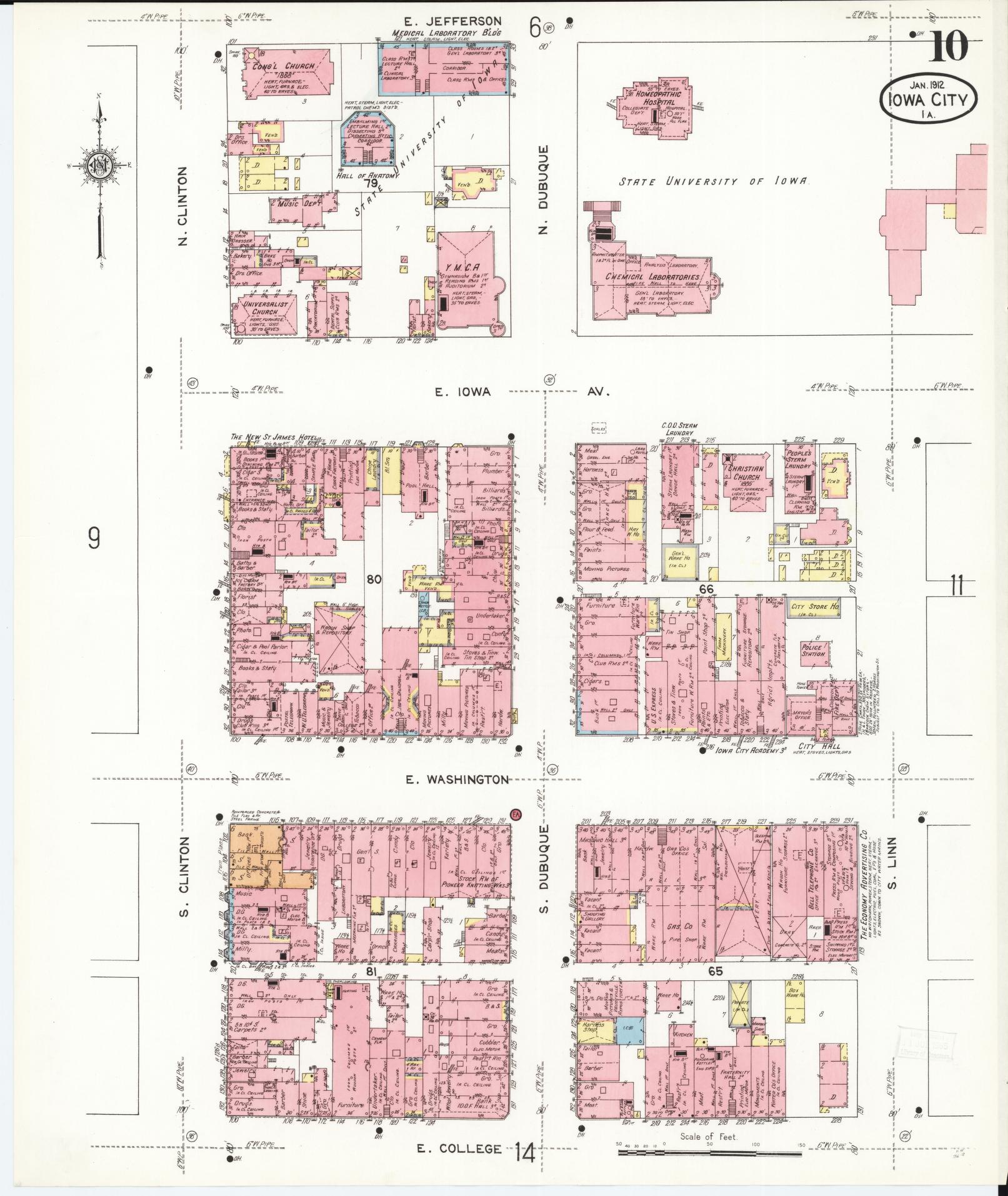 Sanborn Fire Insurance Map from Iowa City, Johnson County, Iowa (1912), Sheet #0010 - Historic Sanborn Fire Insurance Map Print, vintage old map wall art