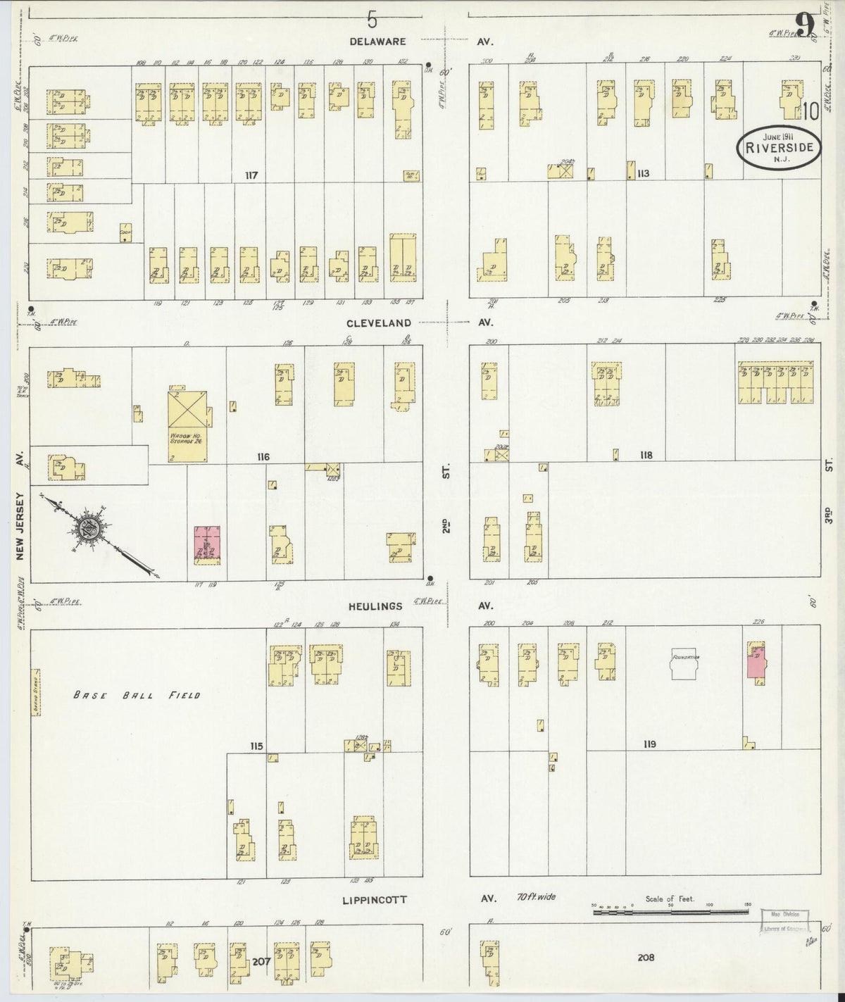 Sanborn Fire Insurance Map from Riverside, Burlington County, New Jersey (1911), Sheet #0009 - Historic Sanborn Fire Insurance Map Print, vintage old map wall art, antique decor, genealogy gift, New Jersey New Jersey map