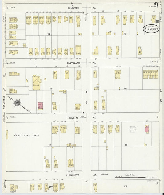 Sanborn Fire Insurance Map from Riverside, Burlington County, New Jersey (1911), Sheet #0009 - Historic Sanborn Fire Insurance Map Print, vintage old map wall art, antique decor, genealogy gift, New Jersey New Jersey map