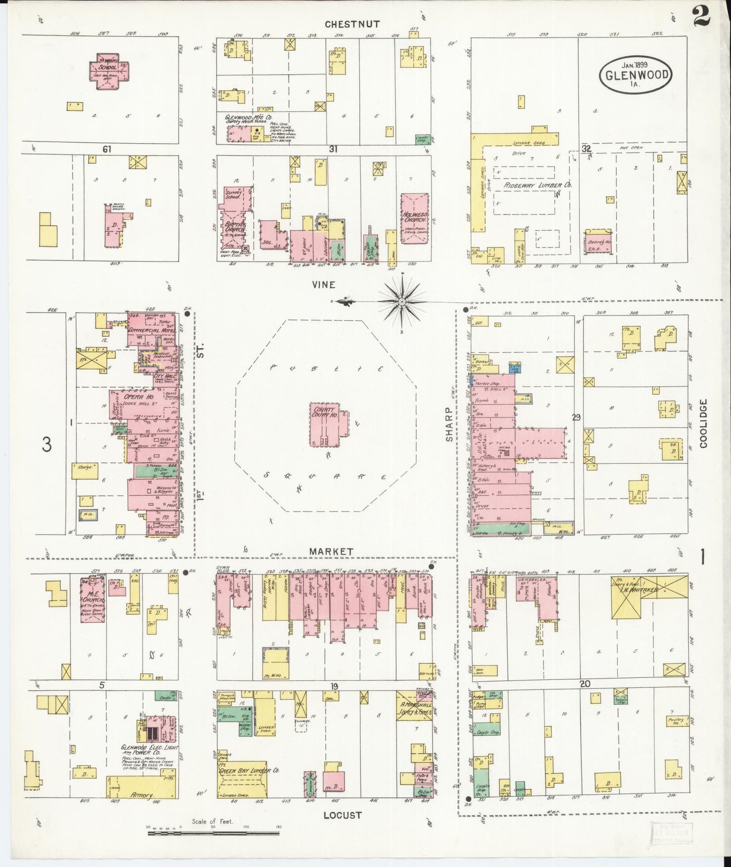 Sanborn Fire Insurance Map from Glenwood, Mills County, Iowa (1899), Sheet #0002 - Historic Sanborn Fire Insurance Map Print, vintage old map wall art