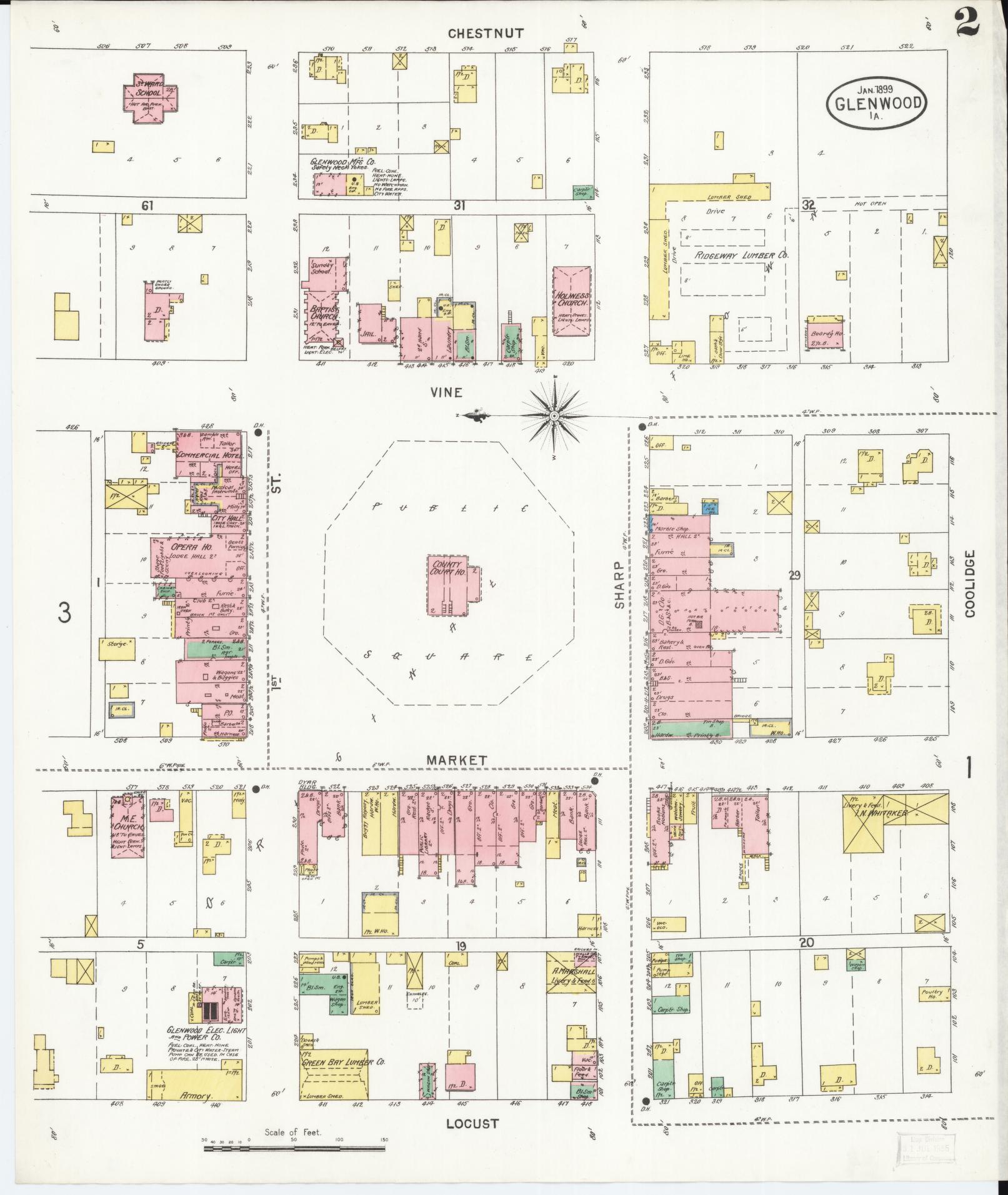 Sanborn Fire Insurance Map from Glenwood, Mills County, Iowa (1899), Sheet #0002 - Historic Sanborn Fire Insurance Map Print, vintage old map wall art