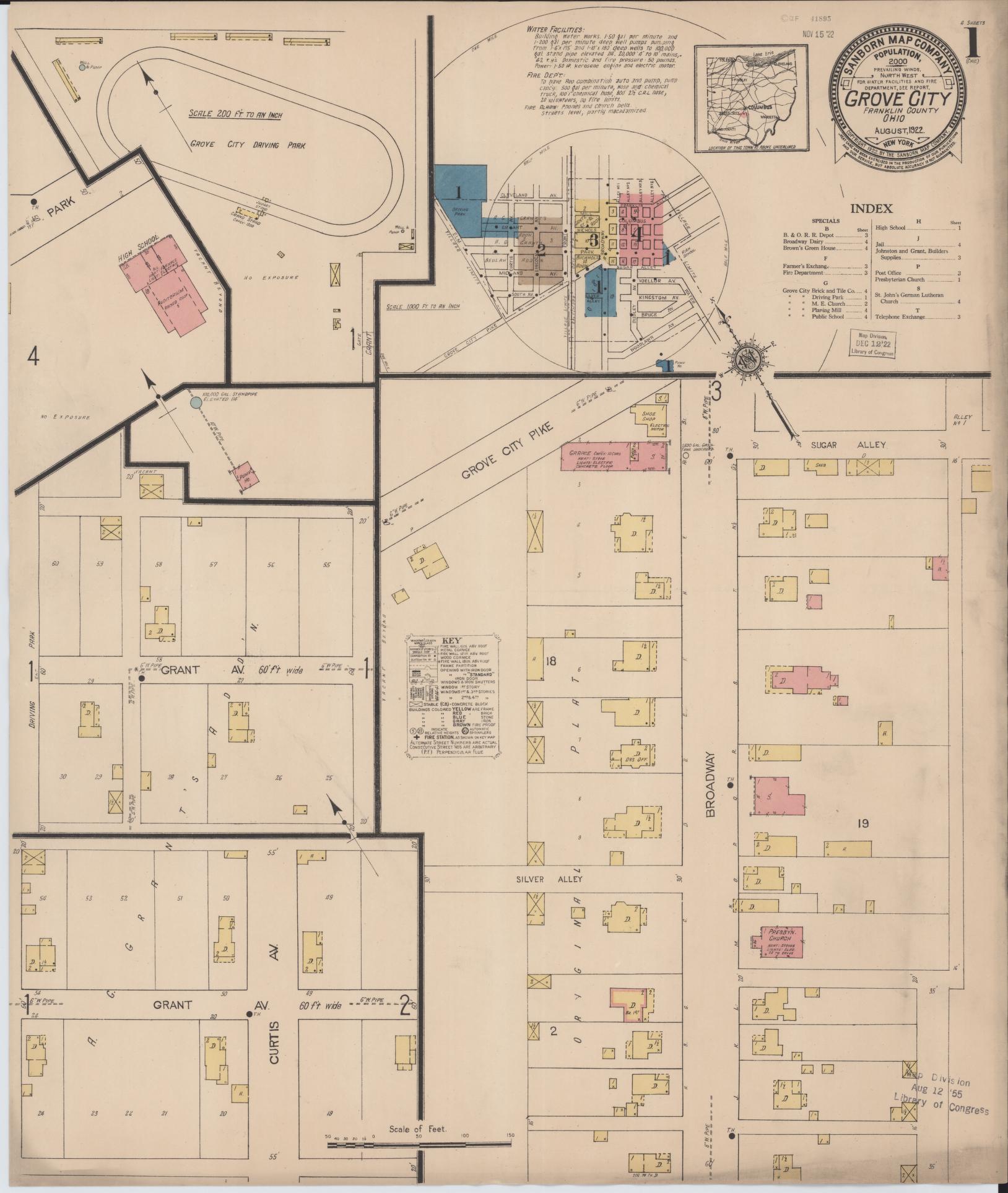 Sanborn Fire Insurance Map from Grove City, Franklin County, Ohio (1922), Sheet #0001 - Historic Sanborn Fire Insurance Map Print, vintage old map wall art, antique decor, genealogy gift, Ohio Ohio map