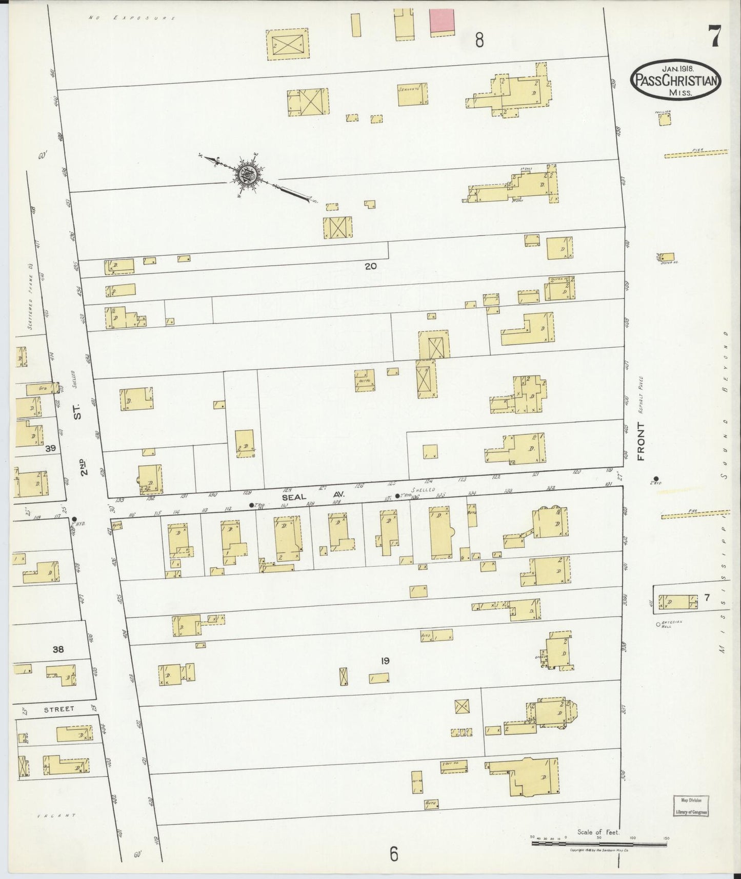 Sanborn Fire Insurance Map from Pass Christian, Harrison County, Mississippi (1918), Sheet #0007 - Historic Sanborn Fire Insurance Map Print, vintage old map wall art, antique decor, genealogy gift, Mississippi Mississippi map