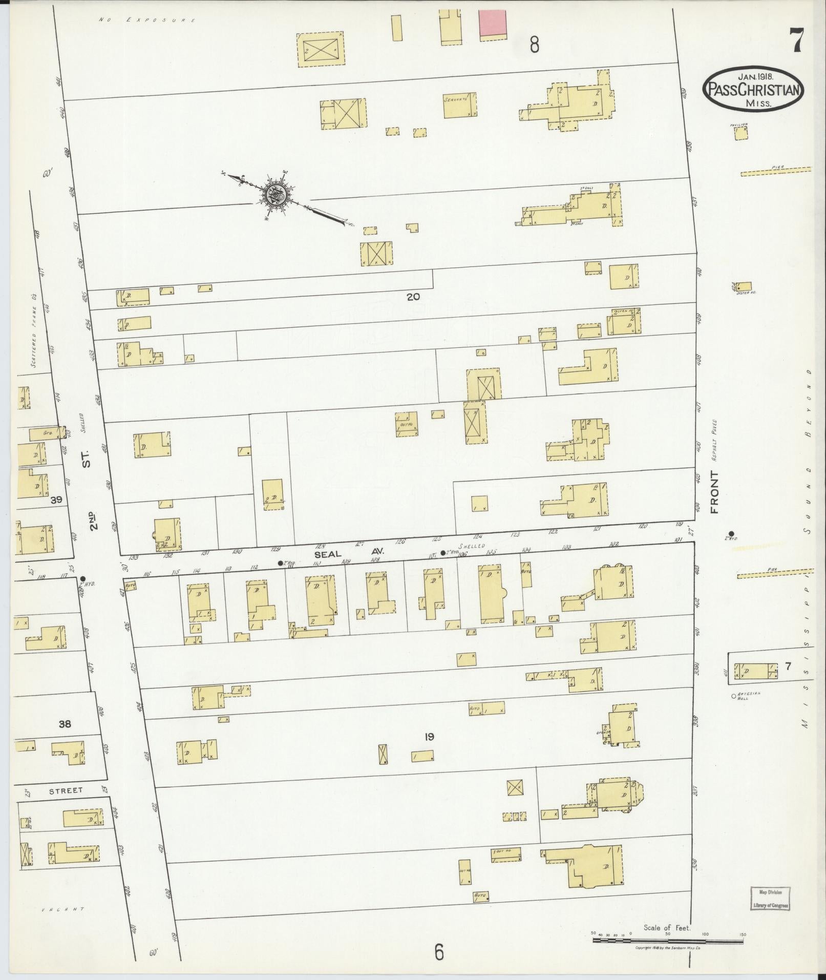 Sanborn Fire Insurance Map from Pass Christian, Harrison County, Mississippi (1918), Sheet #0007 - Historic Sanborn Fire Insurance Map Print, vintage old map wall art, antique decor, genealogy gift, Mississippi Mississippi map
