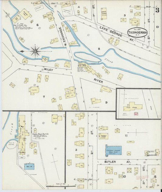 Sanborn Fire Insurance Map from Ticonderoga, Essex County, New York (1890), Sheet #0003 - Historic Sanborn Fire Insurance Map Print, vintage old map wall art, antique decor, genealogy gift, New York New York map