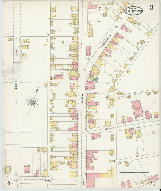 Sanborn Fire Insurance Map from Westminster, Carroll County, Maryland (1904), Sheet #0003 - Historic Sanborn Fire Insurance Map Print, vintage old map wall art, antique decor, genealogy gift, Maryland Maryland map