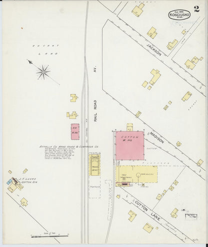 Sanborn Fire Insurance Map from Kosciusko, Attala County, Mississippi (1892), Sheet #0002 - Complete Map Set gallery image, historic Sanborn map, vintage wall art, Mississippi Mississippi