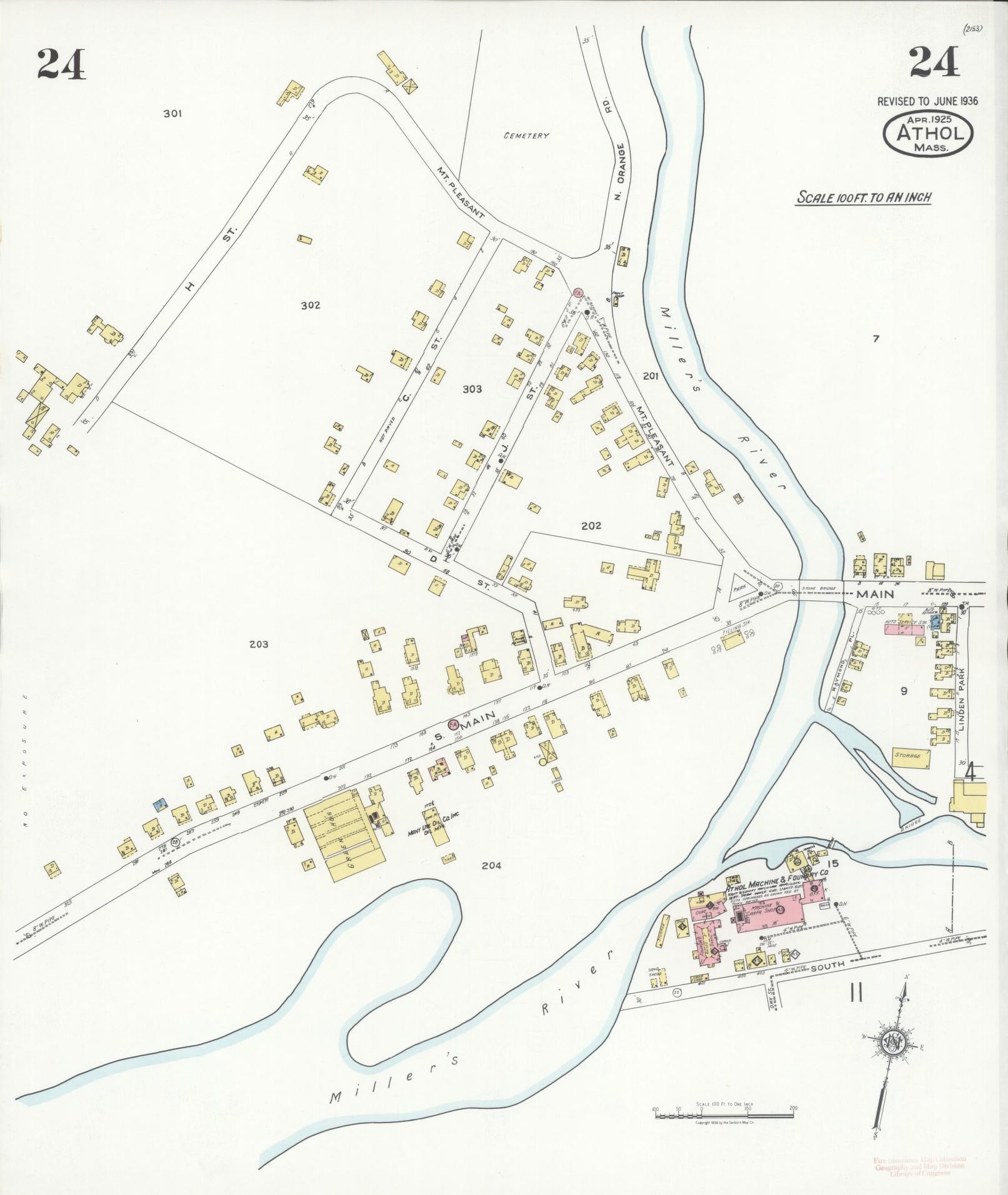 Sanborn Fire Insurance Map from Athol, Worcester County, Massachusetts (1936), Sheet #0024 - Historic Sanborn Fire Insurance Map Print, vintage old map wall art, antique decor, genealogy gift, Massachusetts Massachusetts map