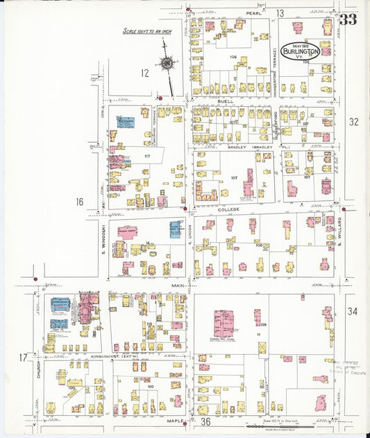 Sanborn Fire Insurance Map from Burlington, Chittenden County, Vermont (1919), Sheet #0033 - Historic Sanborn Fire Insurance Map Print, vintage old map wall art, antique decor, genealogy gift, Vermont Vermont map