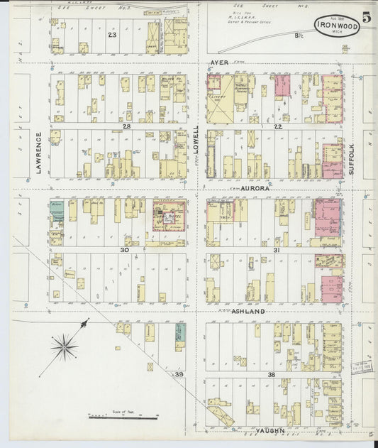 Sanborn Fire Insurance Map from Ironwood, Gogebic County, Michigan (1891), Sheet #0005 - Historic Sanborn Fire Insurance Map Print, vintage old map wall art, antique decor, genealogy gift, Michigan Michigan map