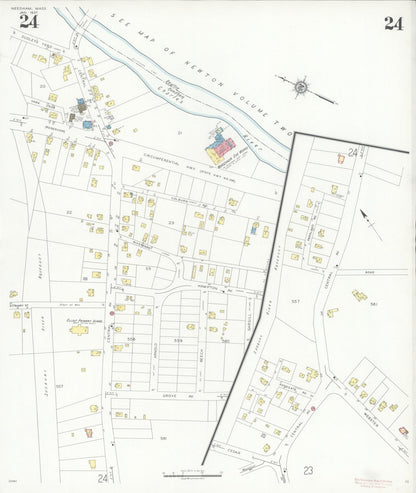 Sanborn Fire Insurance Map from Needham, Norfolk County, Massachusetts (1937), Sheet #0024 - Historic Sanborn Fire Insurance Map Print, vintage old map wall art, antique decor, genealogy gift, Massachusetts Massachusetts map