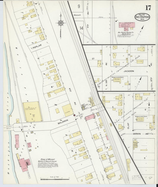 Sanborn Fire Insurance Map from Big Rapids, Mecosta County, Michigan (1914), Sheet #0017 - Historic Sanborn Fire Insurance Map Print, vintage old map wall art, antique decor, genealogy gift, Michigan Michigan map