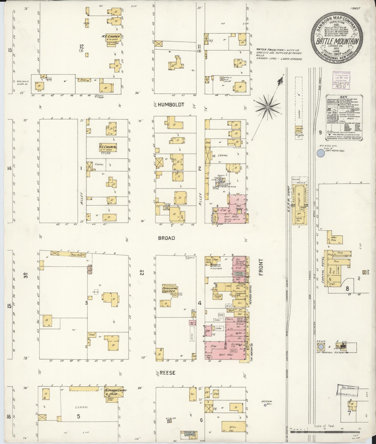 Sanborn Fire Insurance Map from Battle Mountain, Lander County, Nevada (1907), Sheet #0001 - Historic Sanborn Fire Insurance Map Print, vintage old map wall art, antique decor, genealogy gift, Nevada Nevada map