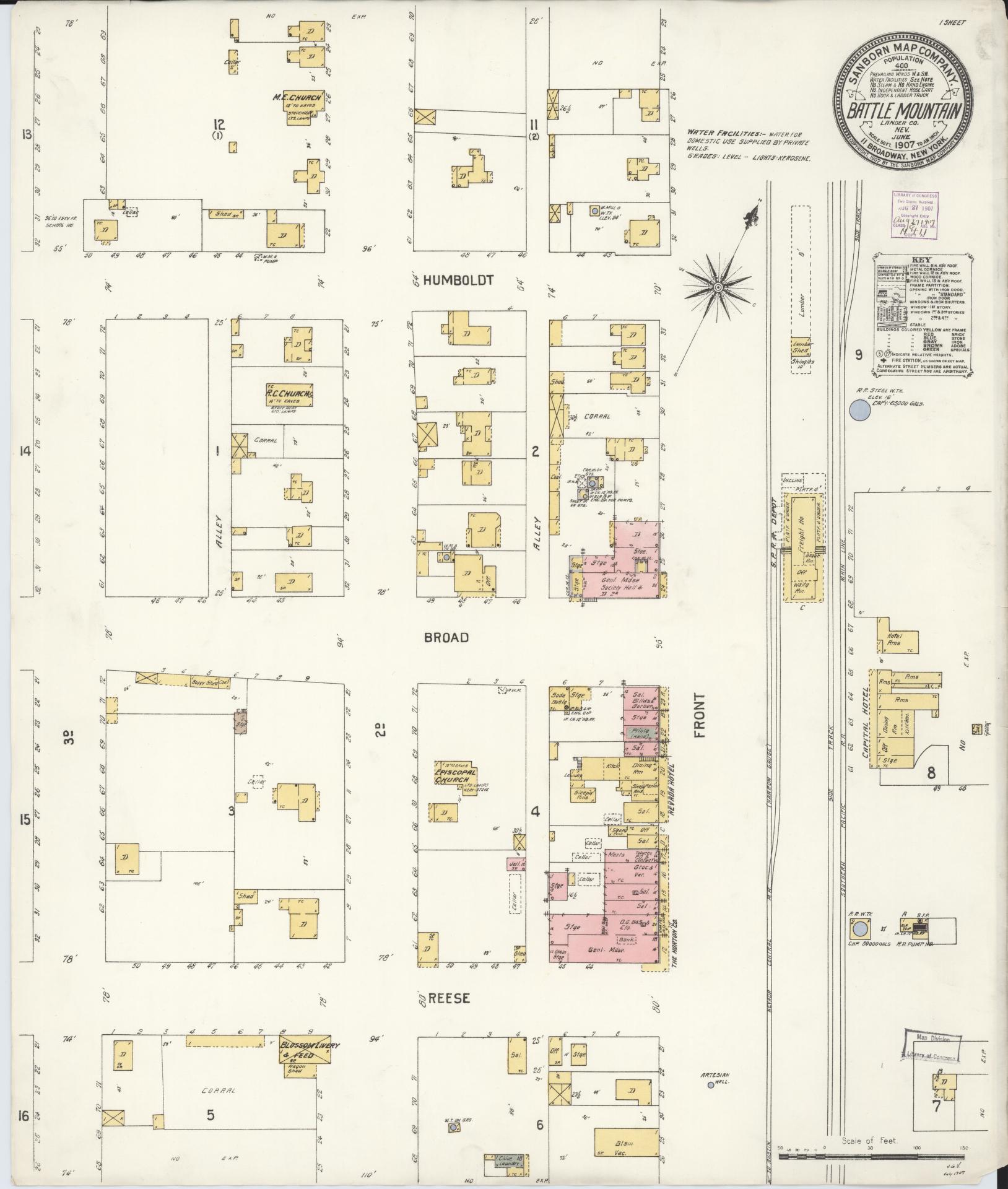 Sanborn Fire Insurance Map from Battle Mountain, Lander County, Nevada (1907), Sheet #0001 - Historic Sanborn Fire Insurance Map Print, vintage old map wall art, antique decor, genealogy gift, Nevada Nevada map