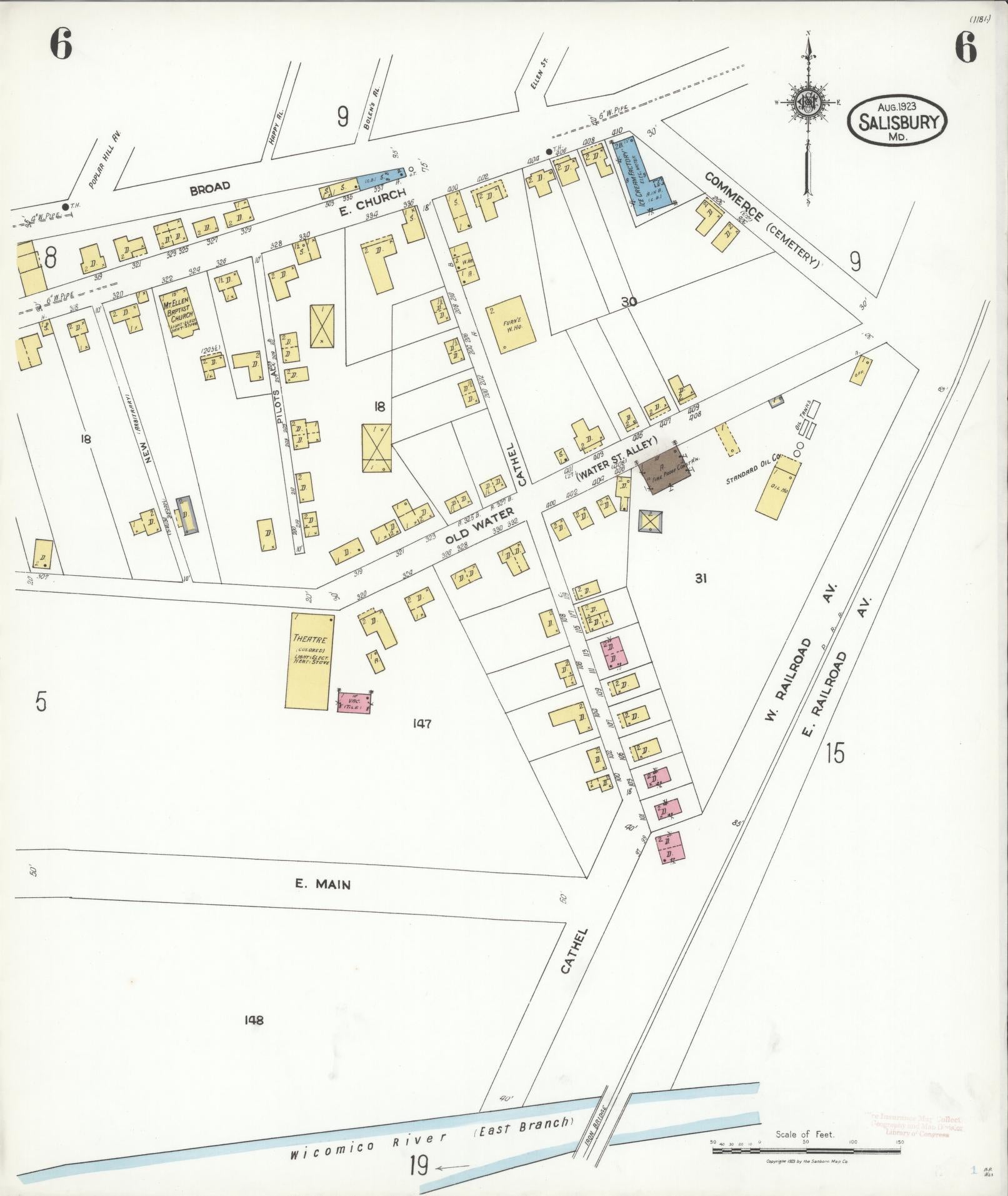 Sanborn Fire Insurance Map from Salisbury, Wicomico County, Maryland (1923), Sheet #0006 - Historic Sanborn Fire Insurance Map Print, vintage old map wall art