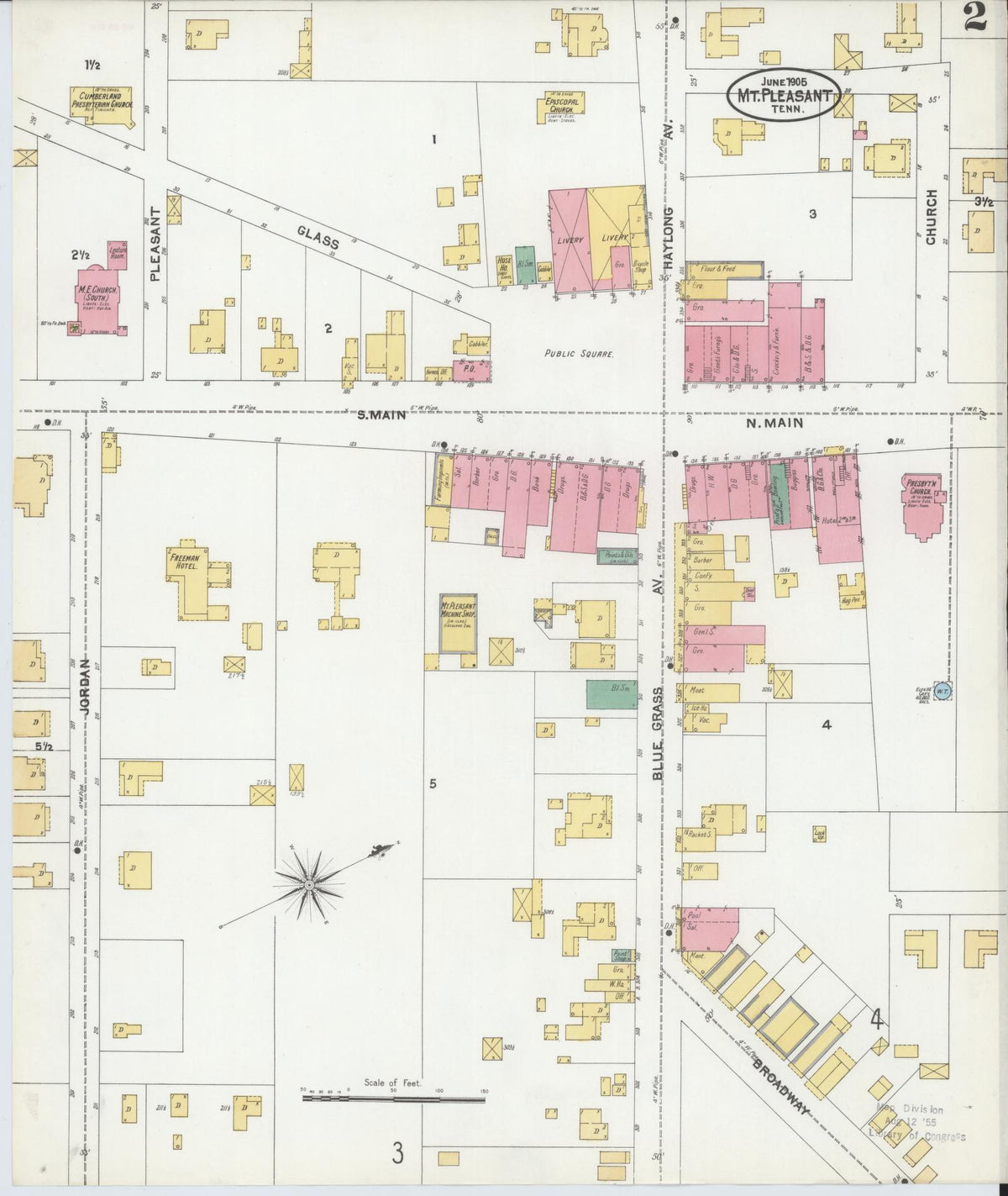 Sanborn Fire Insurance Map from Mount Pleasant, Maury County, Tennessee (1905), Sheet #0002 - Complete Map Set gallery image, historic Sanborn map, vintage wall art, Tennessee Tennessee