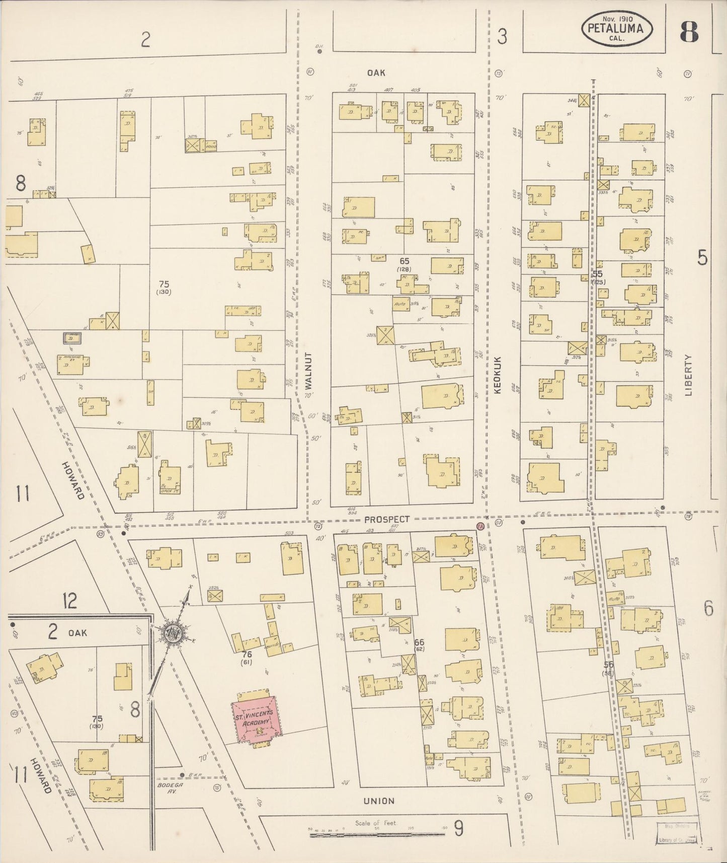 Sanborn Fire Insurance Map from Petaluma, Sonoma County, California (1910), Sheet #0008 - Complete Map Set gallery image, historic Sanborn map, vintage wall art, California California