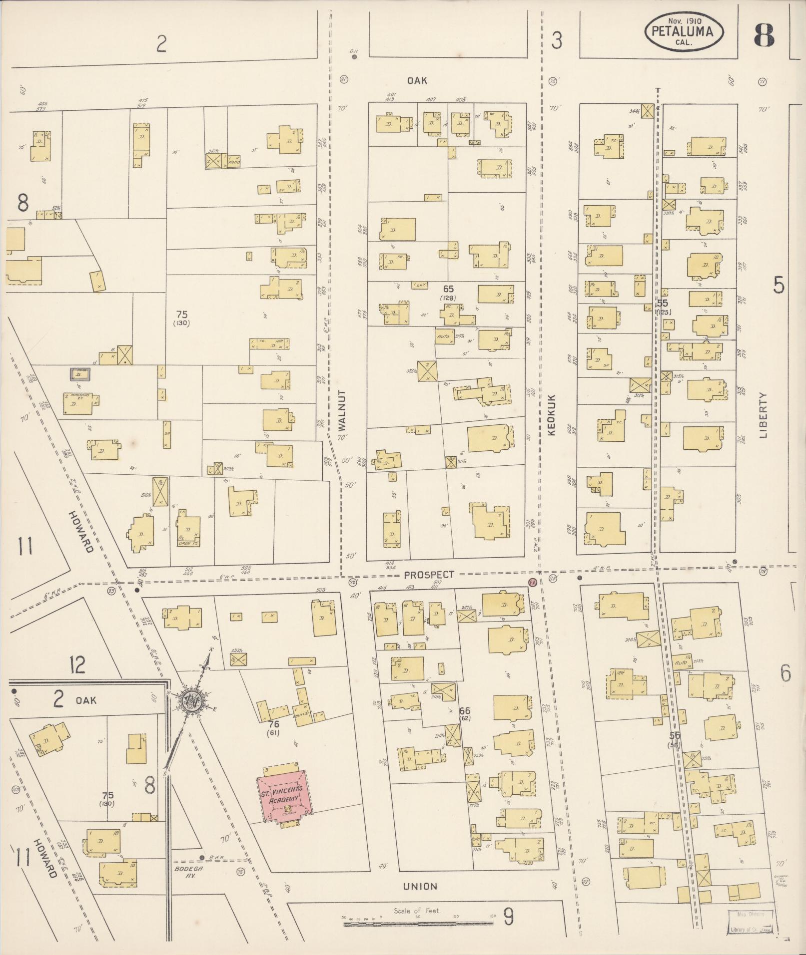 Sanborn Fire Insurance Map from Petaluma, Sonoma County, California (1910), Sheet #0008 - Complete Map Set gallery image, historic Sanborn map, vintage wall art, California California