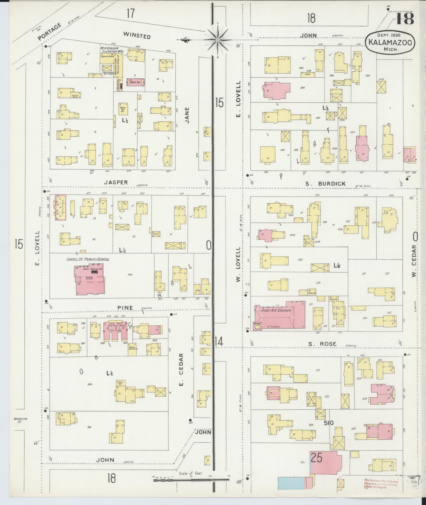 Sanborn Fire Insurance Map from Kalamazoo, Kalamazoo County, Michigan (1896), Sheet #0018 - Complete Map Set gallery image, historic Sanborn map, vintage wall art, Michigan Michigan