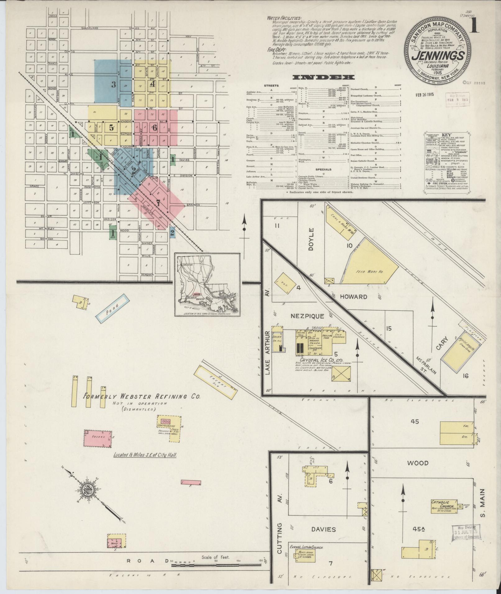 Sanborn Fire Insurance Map from Jennings, Jefferson Davis Parish, Louisiana (1915), Sheet #0001 - Complete Map Set gallery image, historic Sanborn map, vintage wall art, Louisiana Louisiana