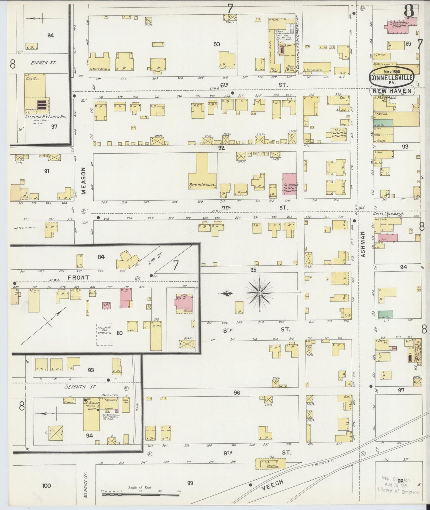 Sanborn Fire Insurance Map from Connellsville, Fayette County, Pennsylvania (1896), Sheet #0008 - Historic Sanborn Fire Insurance Map Print, vintage old map wall art, antique decor, genealogy gift, Pennsylvania Pennsylvania map