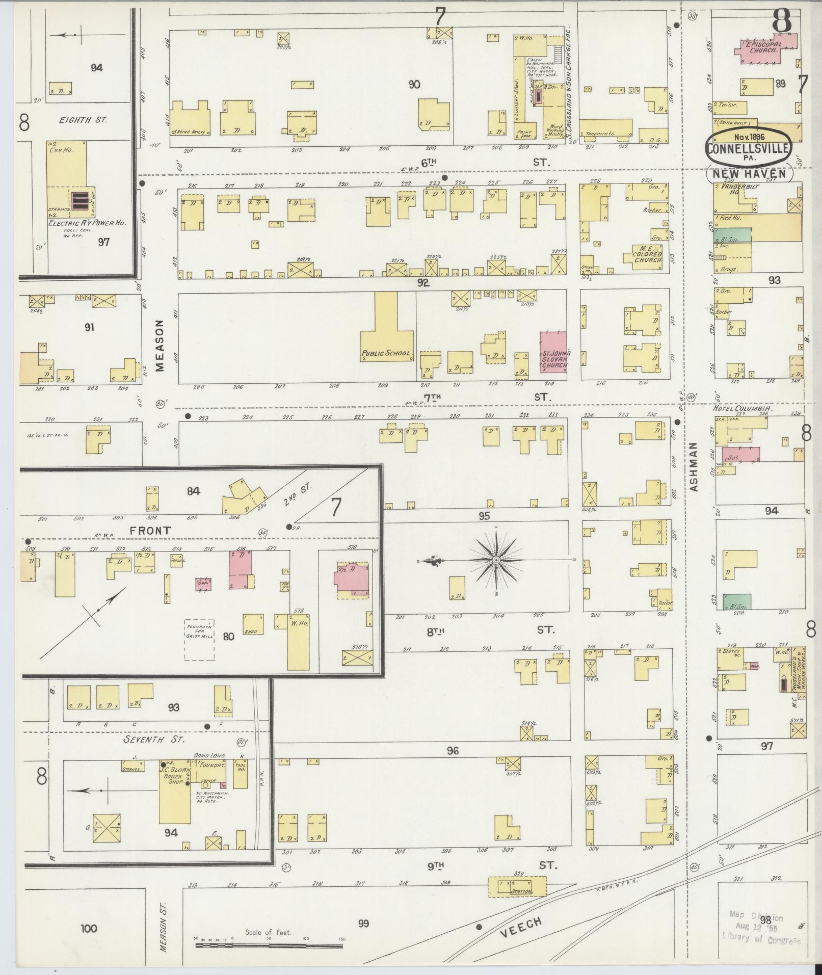 Sanborn Fire Insurance Map from Connellsville, Fayette County, Pennsylvania (1896), Sheet #0008 - Historic Sanborn Fire Insurance Map Print, vintage old map wall art, antique decor, genealogy gift, Pennsylvania Pennsylvania map