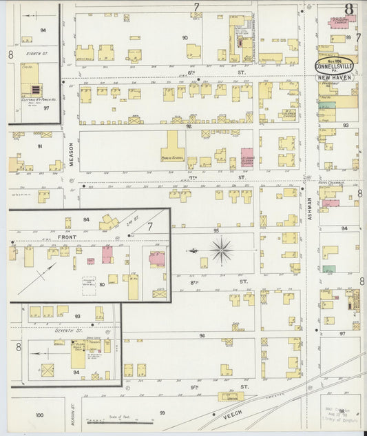 Sanborn Fire Insurance Map from Connellsville, Fayette County, Pennsylvania (1896), Sheet #0008 - Historic Sanborn Fire Insurance Map Print, vintage old map wall art, antique decor, genealogy gift, Pennsylvania Pennsylvania map