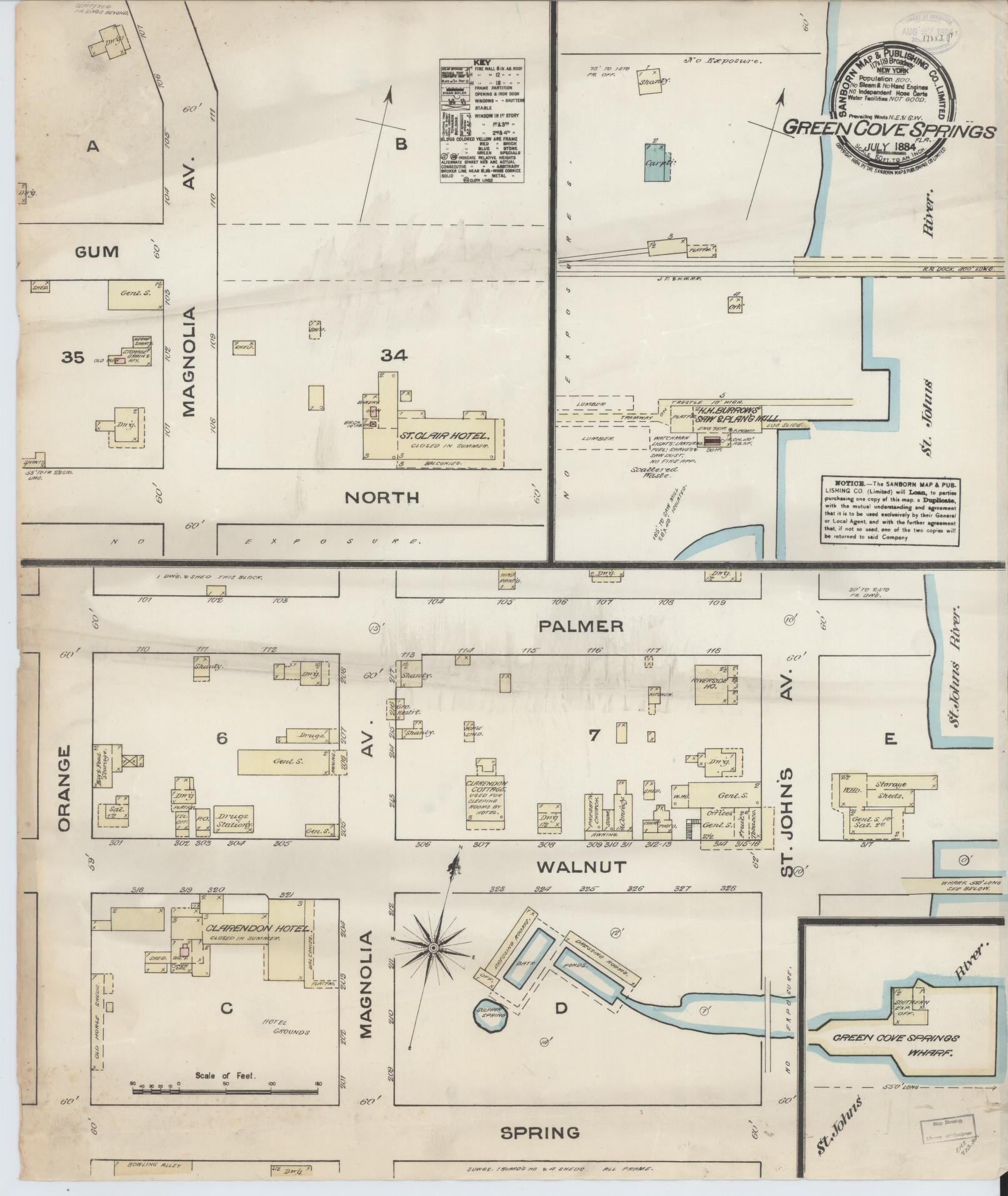 Sanborn Fire Insurance Map from Green Cove Springs, Clay County, Florida (1884), Sheet #0001 - Historic Sanborn Fire Insurance Map Print, vintage old map wall art, antique decor, genealogy gift, Florida Florida map