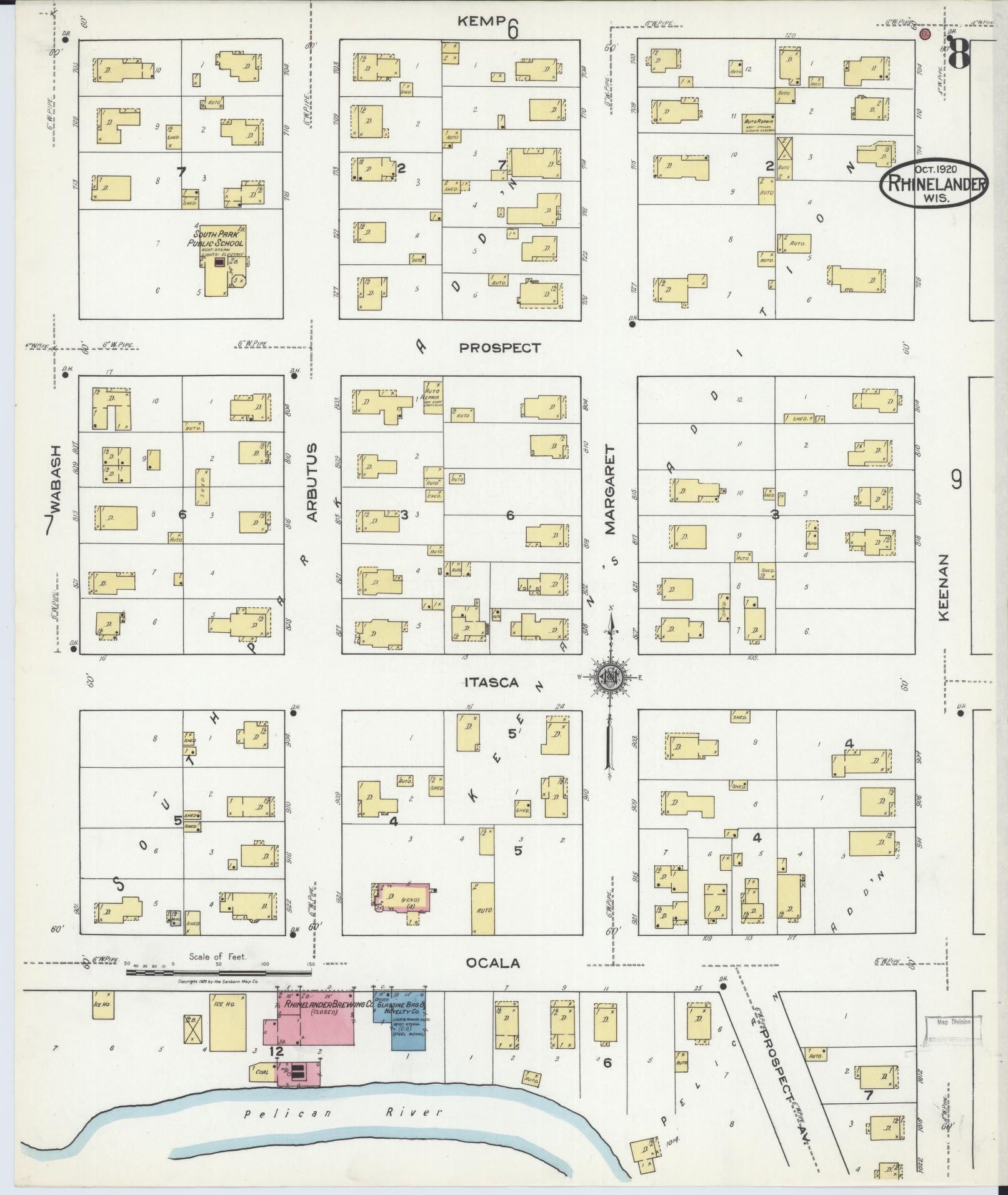 Sanborn Fire Insurance Map from Rhinelander, Oneida County, Wisconsin (1920), Sheet #0008 - Complete Map Set gallery image, historic Sanborn map, vintage wall art, Wisconsin Wisconsin