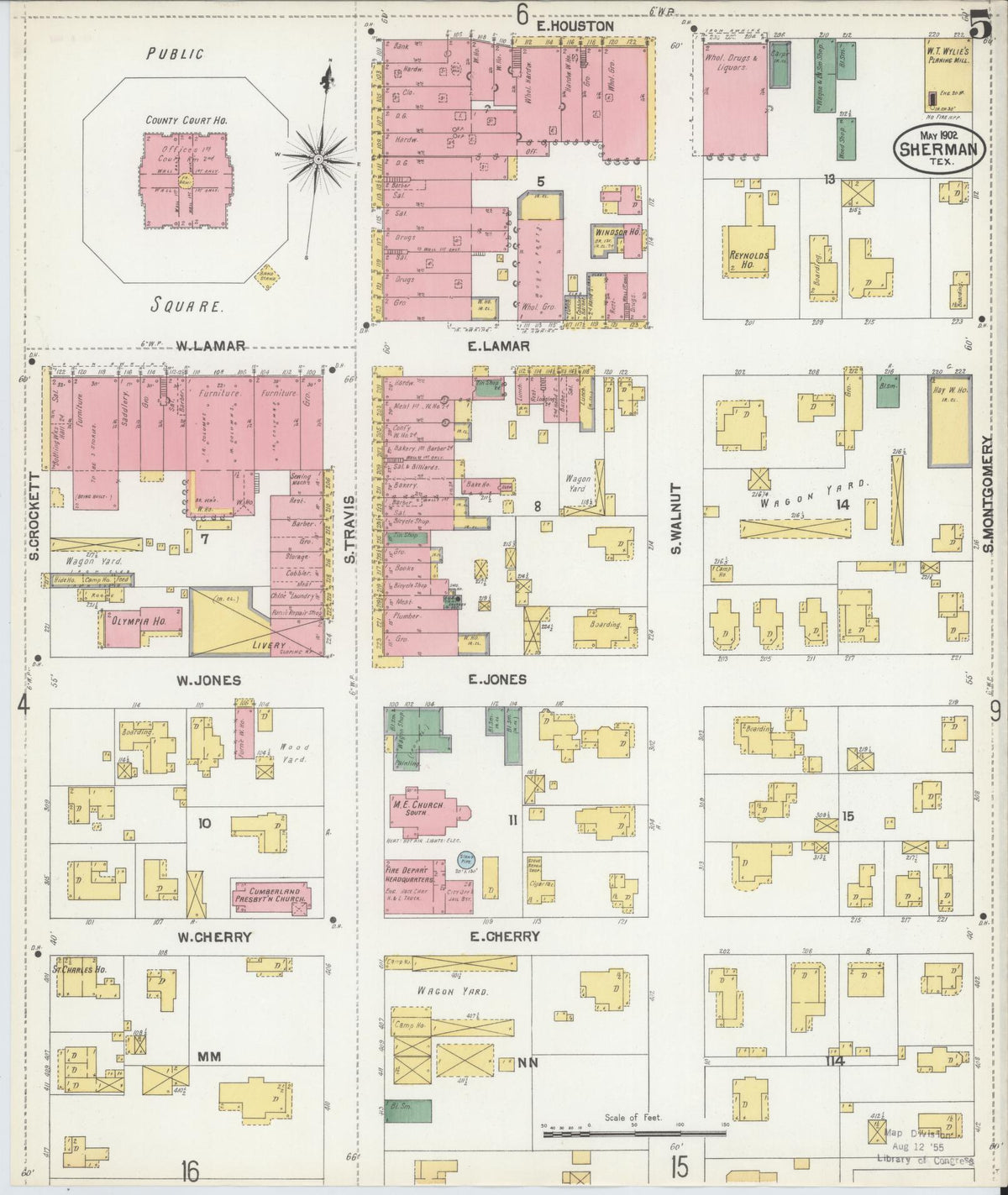 Sanborn Fire Insurance Map from Sherman, Grayson County, Texas (1902), Sheet #0005 - Complete Map Set gallery image, historic Sanborn map, vintage wall art, Texas Texas