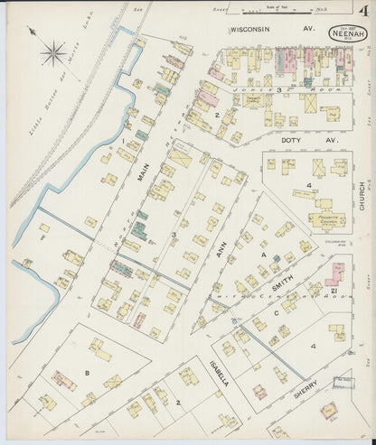Sanborn Fire Insurance Map from Neenah, Winnebago County, Wisconsin (1887), Sheet #0004 - Historic Sanborn Fire Insurance Map Print, vintage old map wall art, antique decor, genealogy gift, Wisconsin Wisconsin map