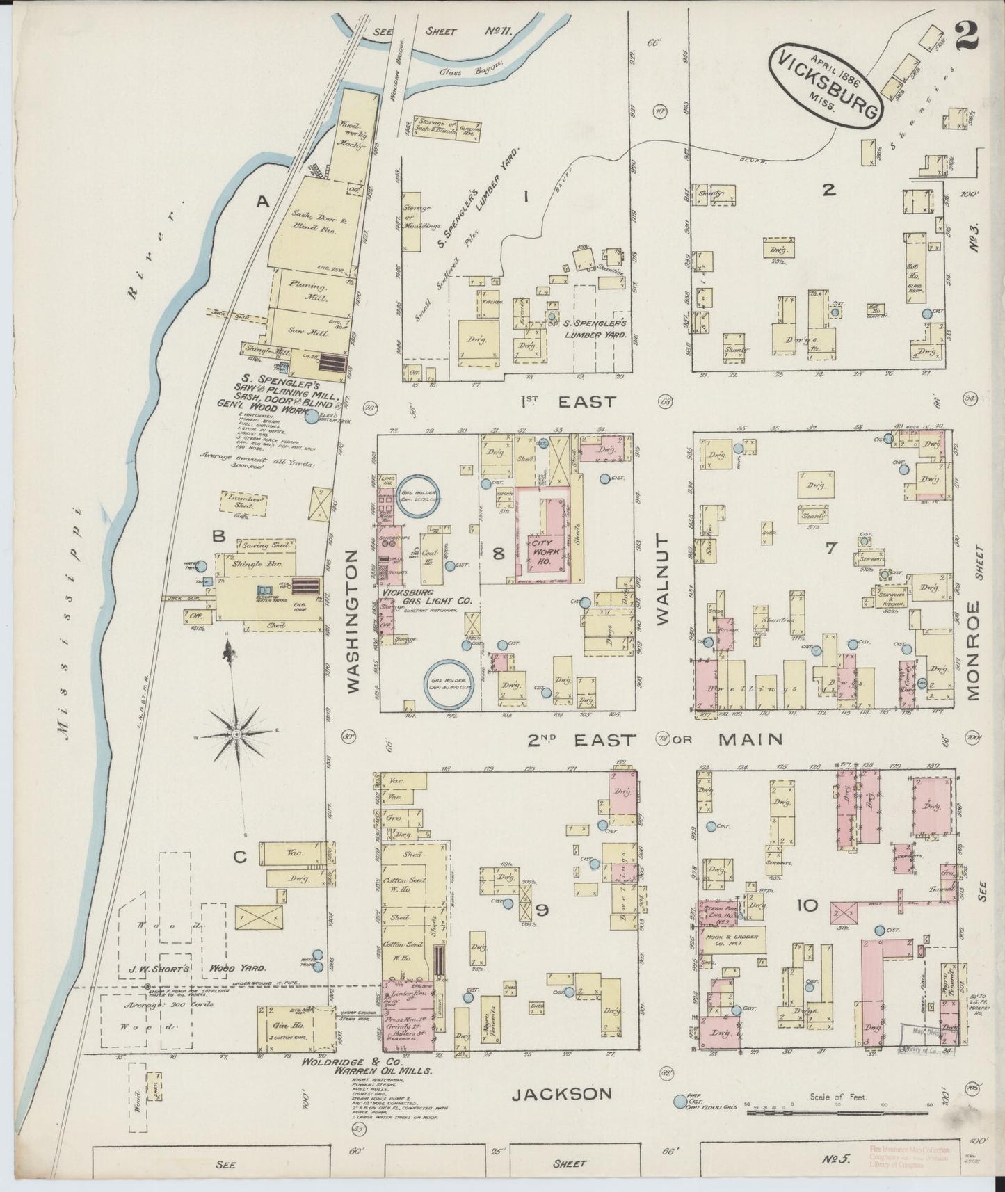 Sanborn Fire Insurance Map from Vicksburg, Warren County, Mississippi (1886), Sheet #0002 - Complete Map Set gallery image, historic Sanborn map, vintage wall art, Mississippi Mississippi