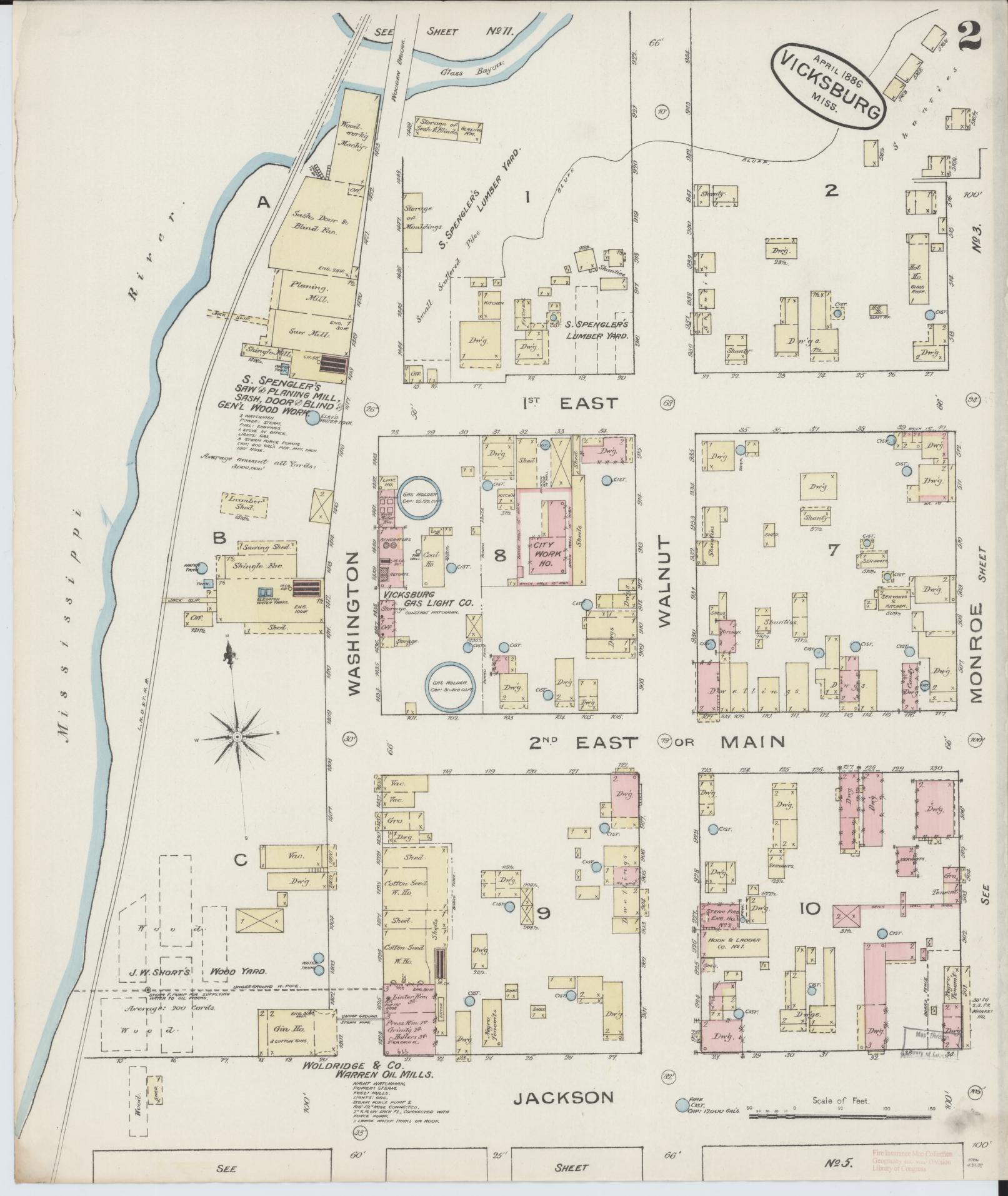 Sanborn Fire Insurance Map from Vicksburg, Warren County, Mississippi (1886), Sheet #0002 - Complete Map Set gallery image, historic Sanborn map, vintage wall art, Mississippi Mississippi