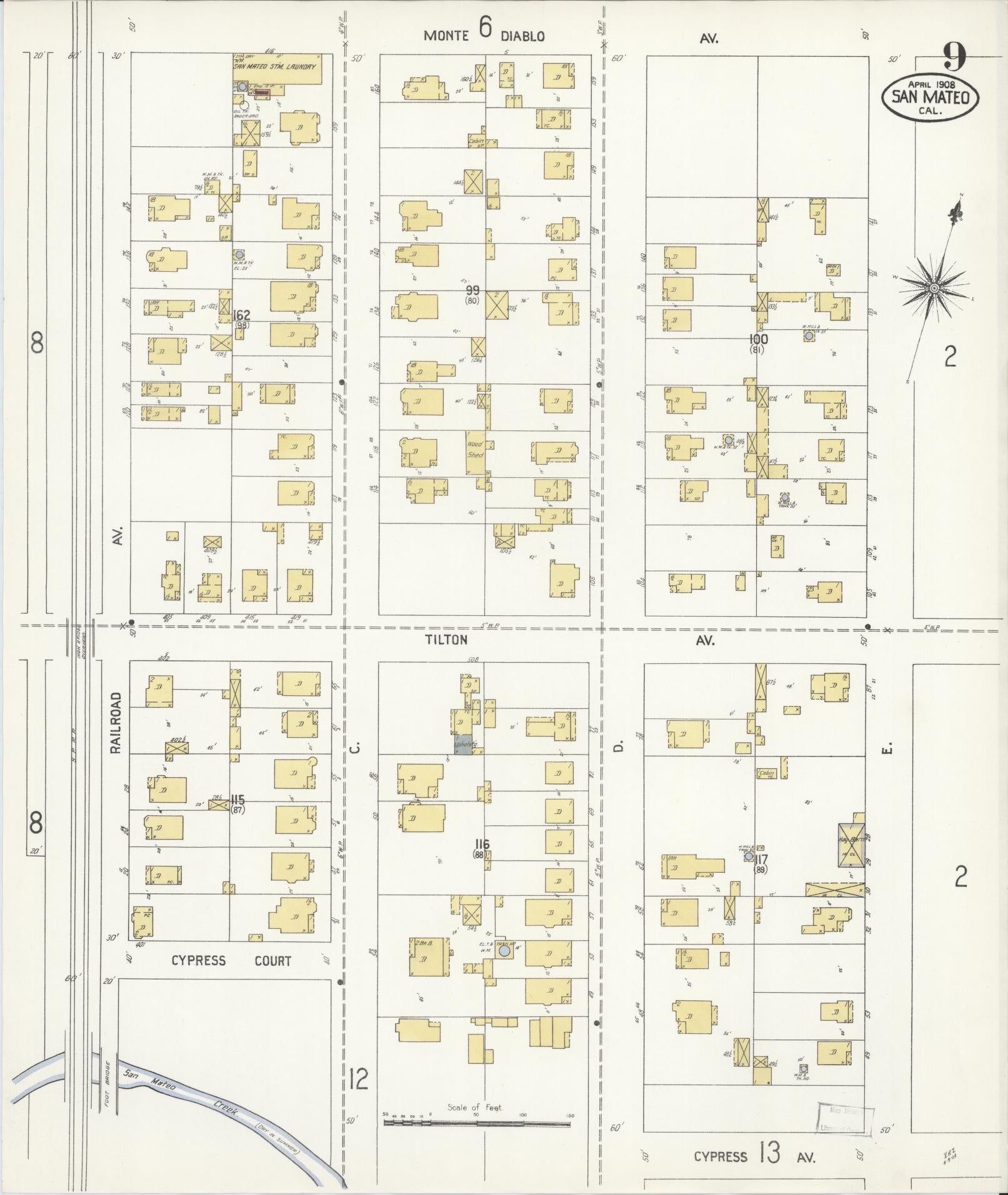 Sanborn Fire Insurance Map from San Mateo, San Mateo County, California (1908), Sheet #0009 - Complete Map Set gallery image, historic Sanborn map, vintage wall art, California California
