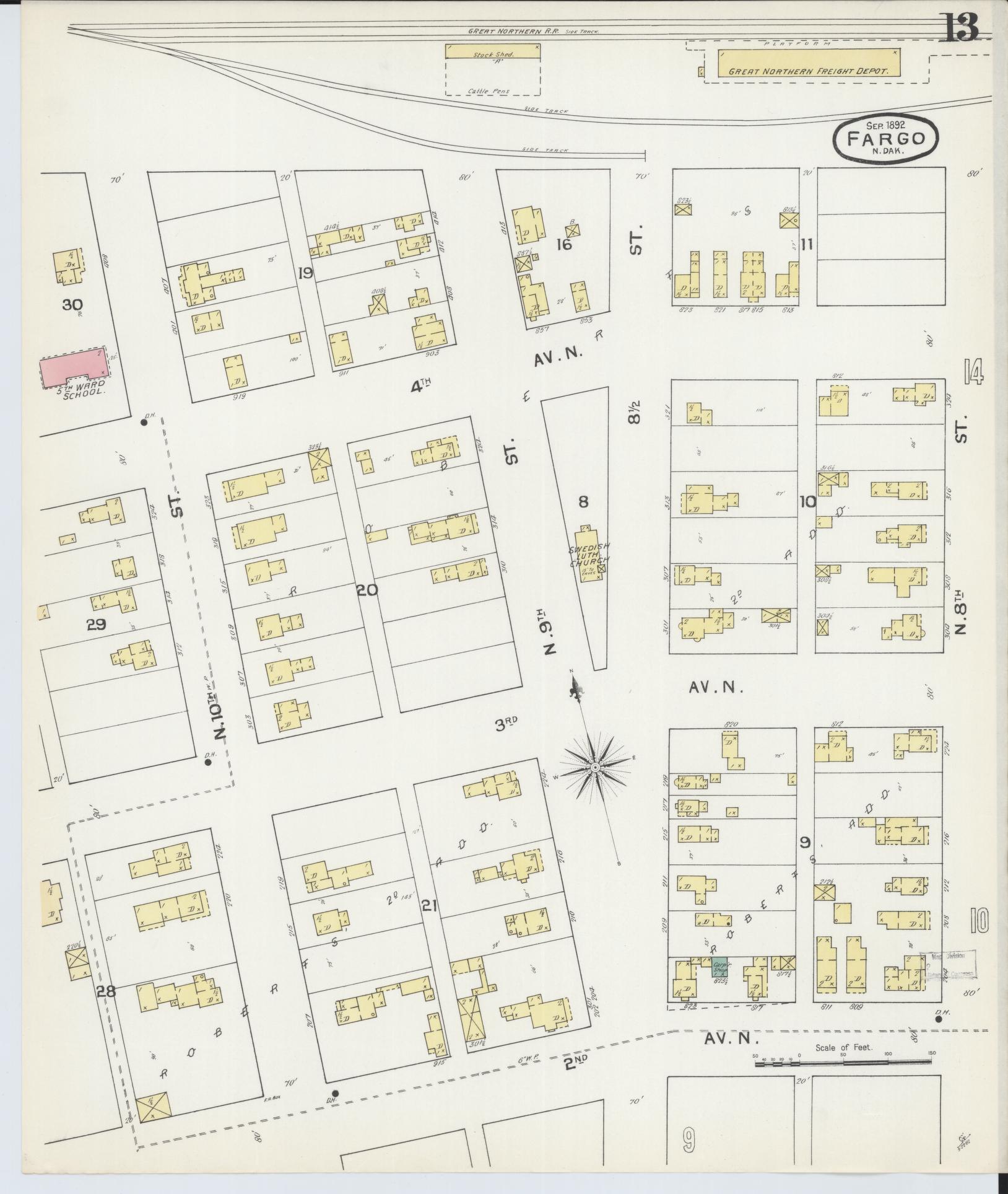 Sanborn Fire Insurance Map from Fargo, Cass County, North Dakota (1892), Sheet #0013 - Historic Sanborn Fire Insurance Map Print, vintage old map wall art, antique decor, genealogy gift, North Dakota North Dakota map