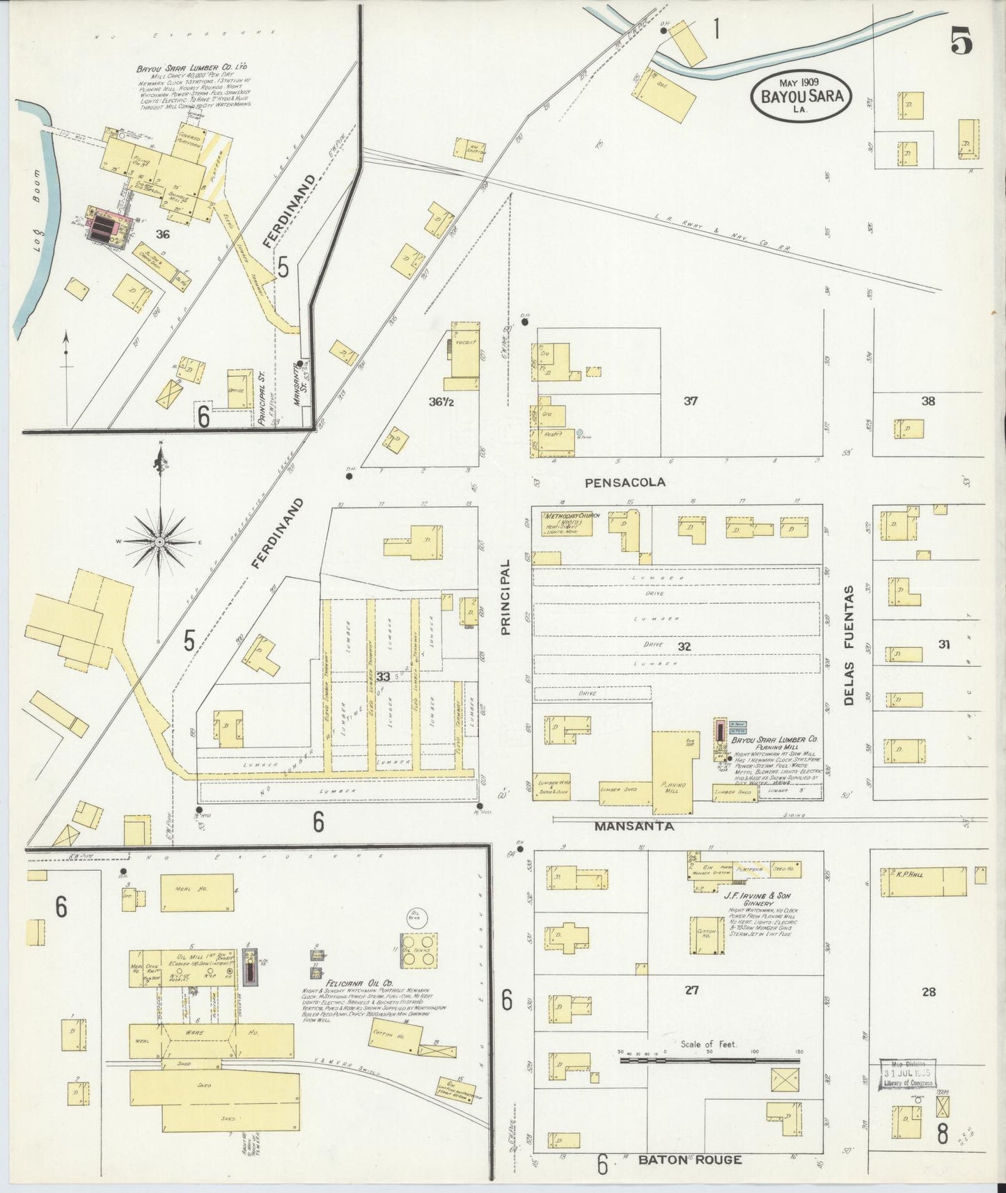 Sanborn Fire Insurance Map from Bayou Sara, West Feliciana Parish, Louisiana (1909), Sheet #0005 - Complete Map Set gallery image, historic Sanborn map, vintage wall art, Louisiana Louisiana
