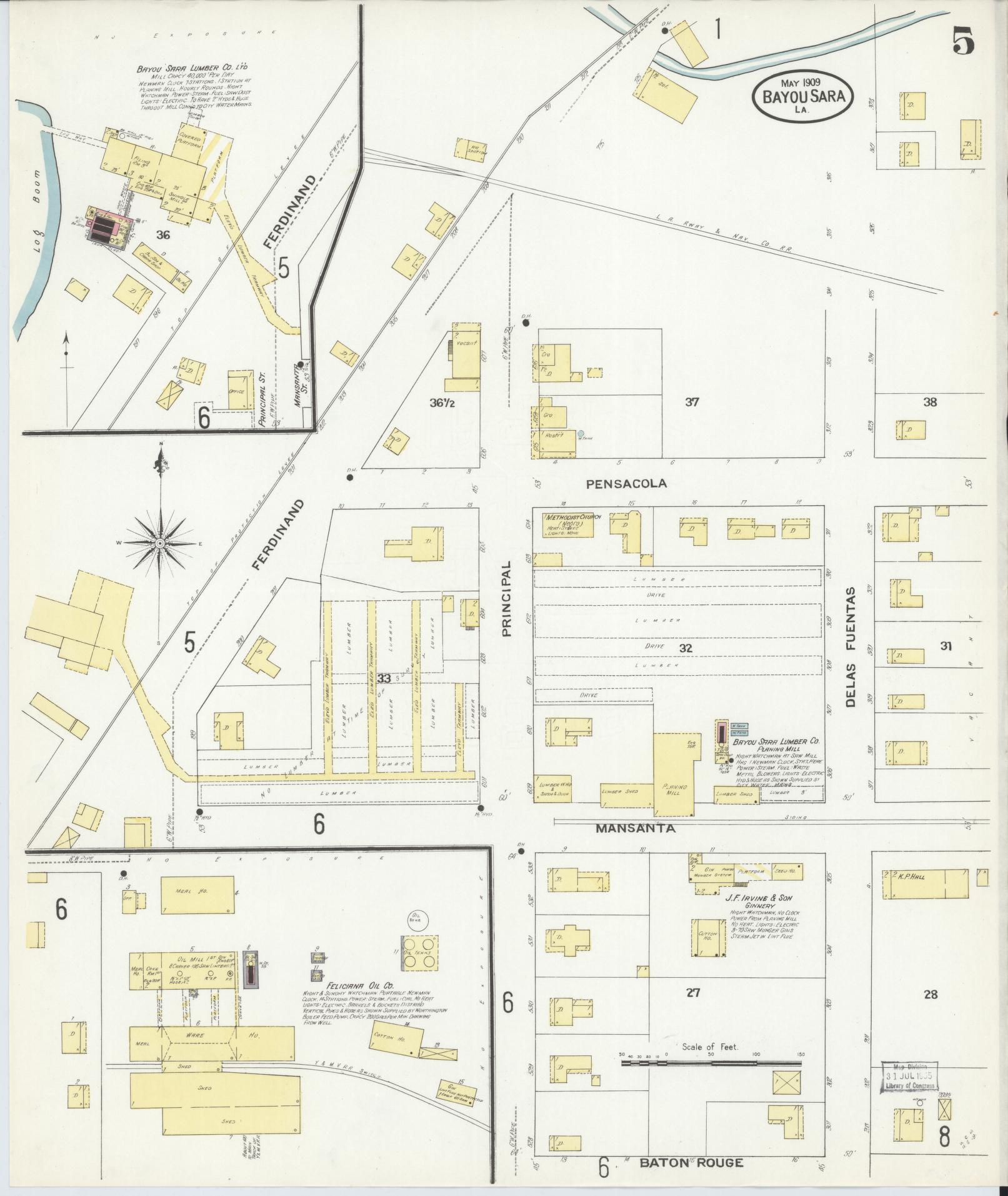 Sanborn Fire Insurance Map from Bayou Sara, West Feliciana Parish, Louisiana (1909), Sheet #0005 - Complete Map Set gallery image, historic Sanborn map, vintage wall art, Louisiana Louisiana