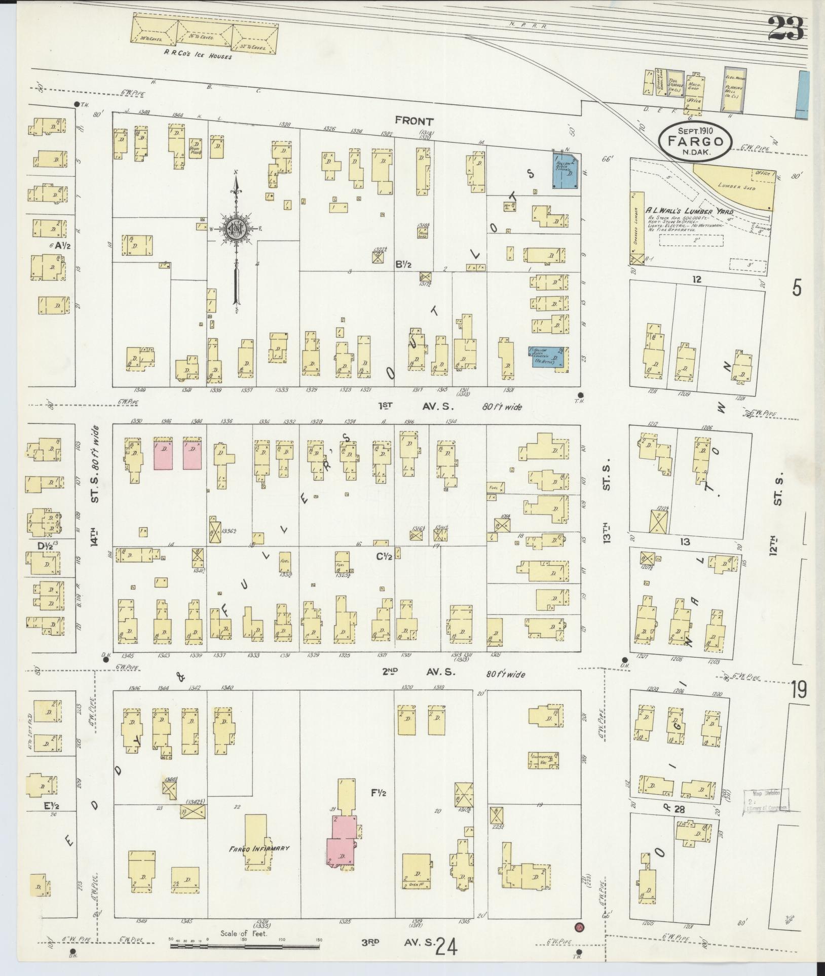 Sanborn Fire Insurance Map from Fargo, Cass County, North Dakota (1910), Sheet #0023 - Complete Map Set gallery image, historic Sanborn map, vintage wall art, North Dakota North Dakota