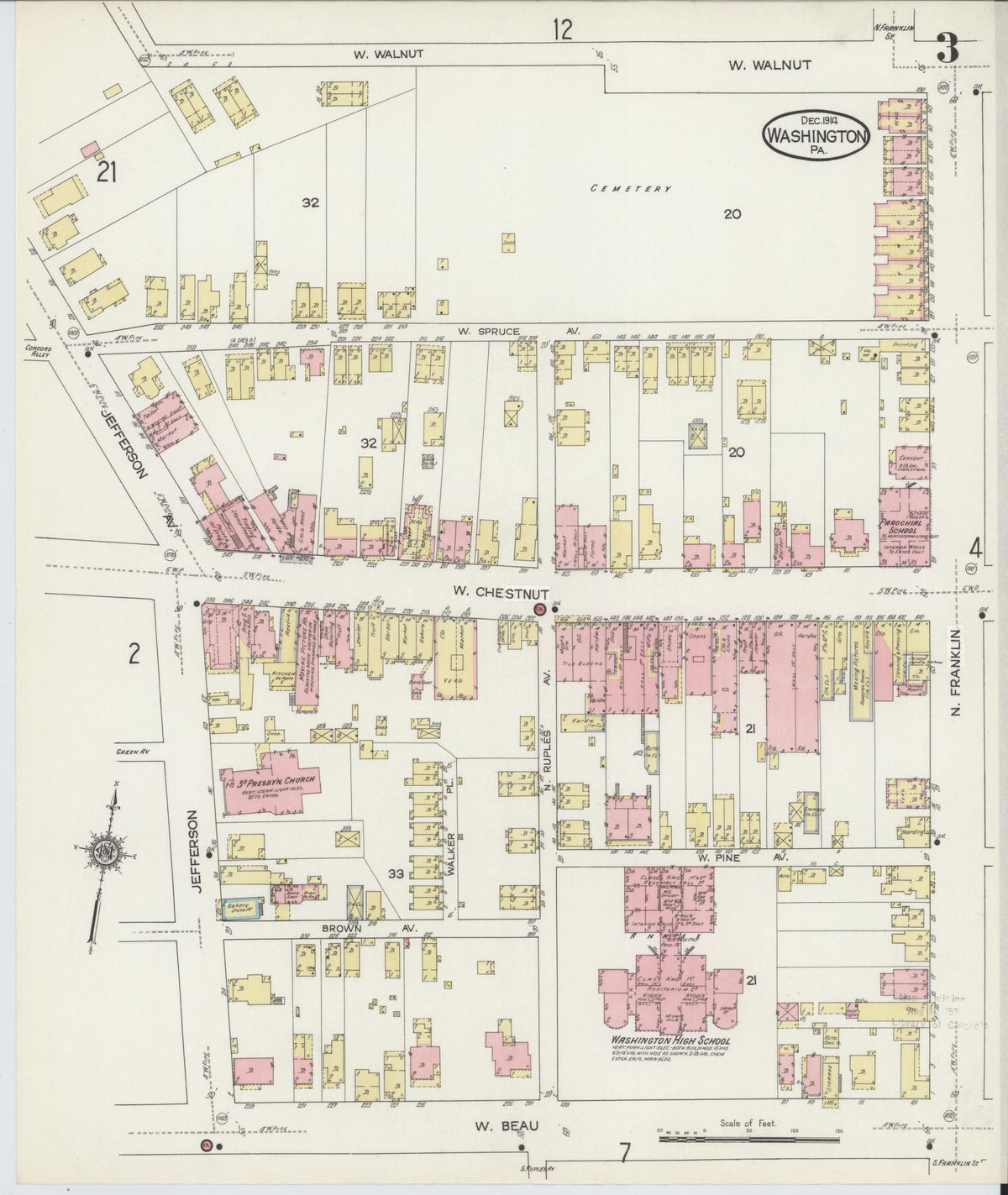 Sanborn Fire Insurance Map from Washington, Washington County, Pennsylvania (1914), Sheet #0003 - Historic Sanborn Fire Insurance Map Print, vintage old map wall art, antique decor, genealogy gift, Pennsylvania Pennsylvania map
