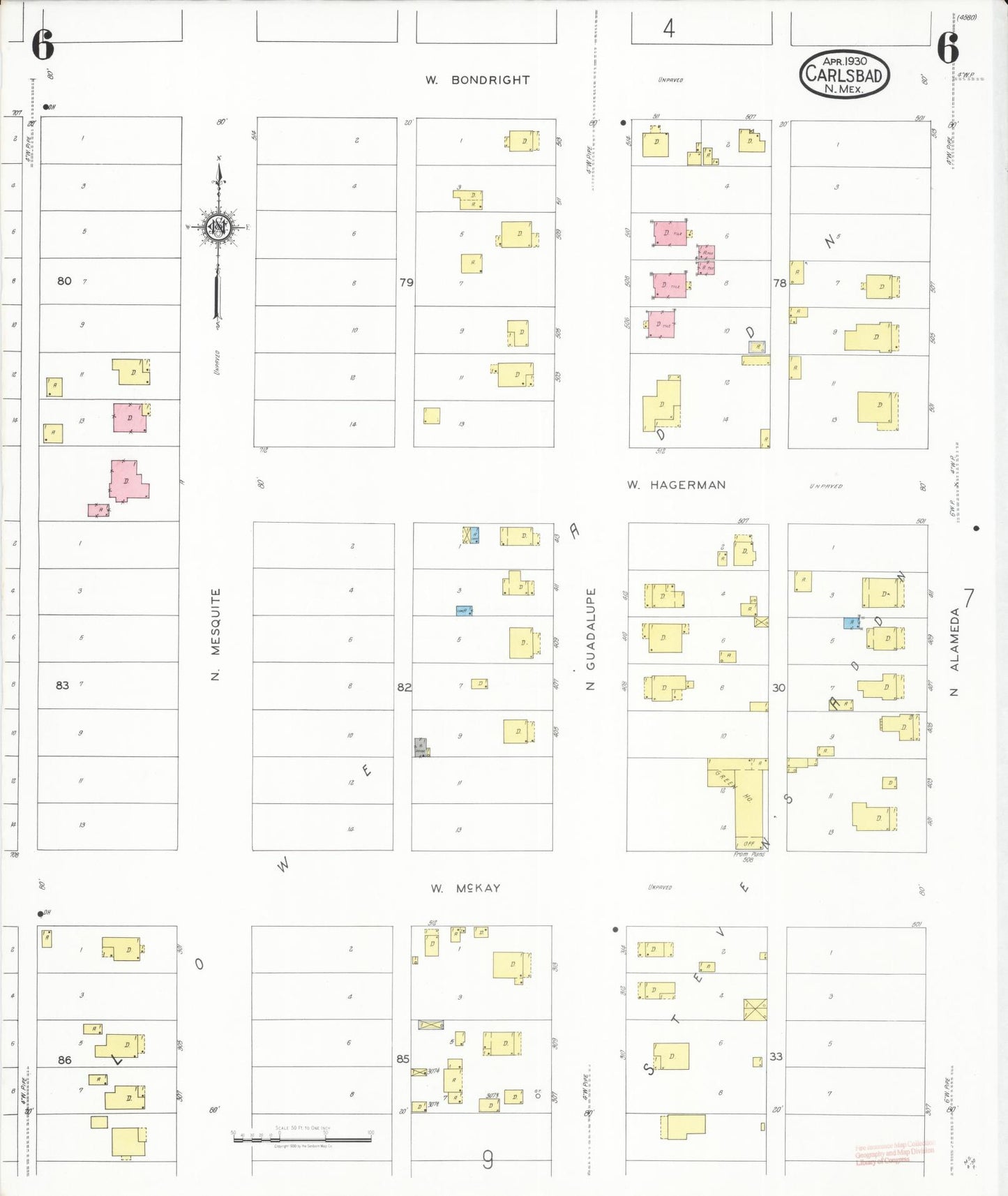 Sanborn Fire Insurance Map from Carlsbad, Eddy County, New Mexico (1930), Sheet #0006 - Complete Map Set gallery image, historic Sanborn map, vintage wall art, New Mexico New Mexico