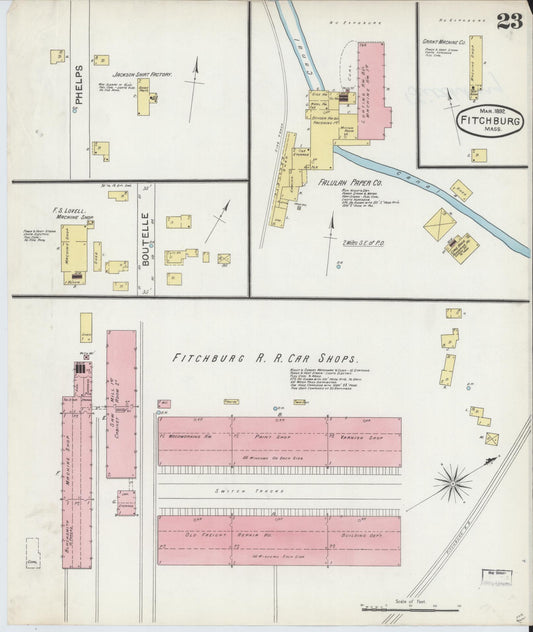 Sanborn Fire Insurance Map from Fitchburg, Worcester County, Massachusetts (1892), Sheet #0023 - Historic Sanborn Fire Insurance Map Print, vintage old map wall art, antique decor, genealogy gift, Massachusetts Massachusetts map