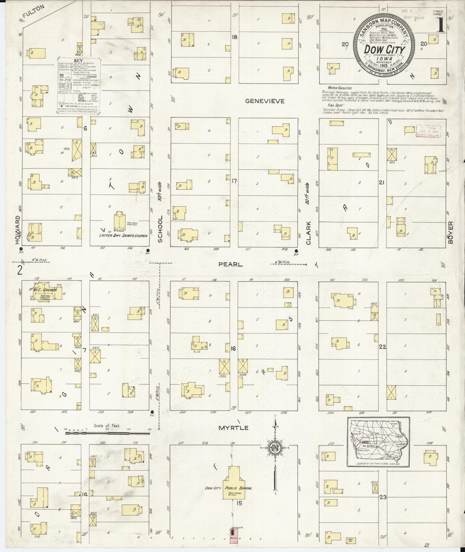 Sanborn Fire Insurance Map from Dow City, Crawford County, Iowa (1913), Sheet #0001 - Historic Sanborn Fire Insurance Map Print, vintage old map wall art