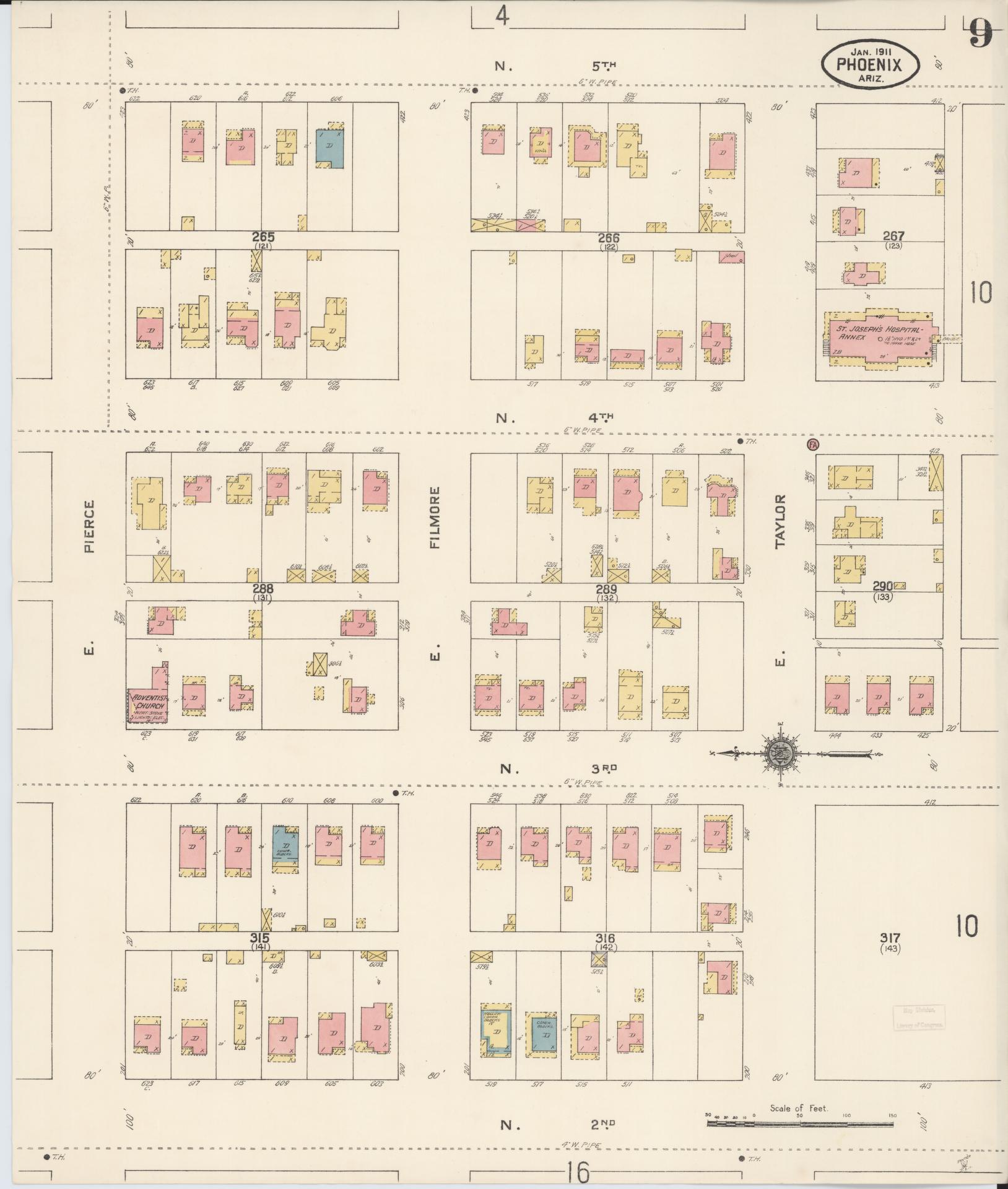 Sanborn Fire Insurance Map from Phoenix, Maricopa County, Arizona (1911), Sheet #0009 - Complete Map Set gallery image, historic Sanborn map, vintage wall art, Arizona Arizona
