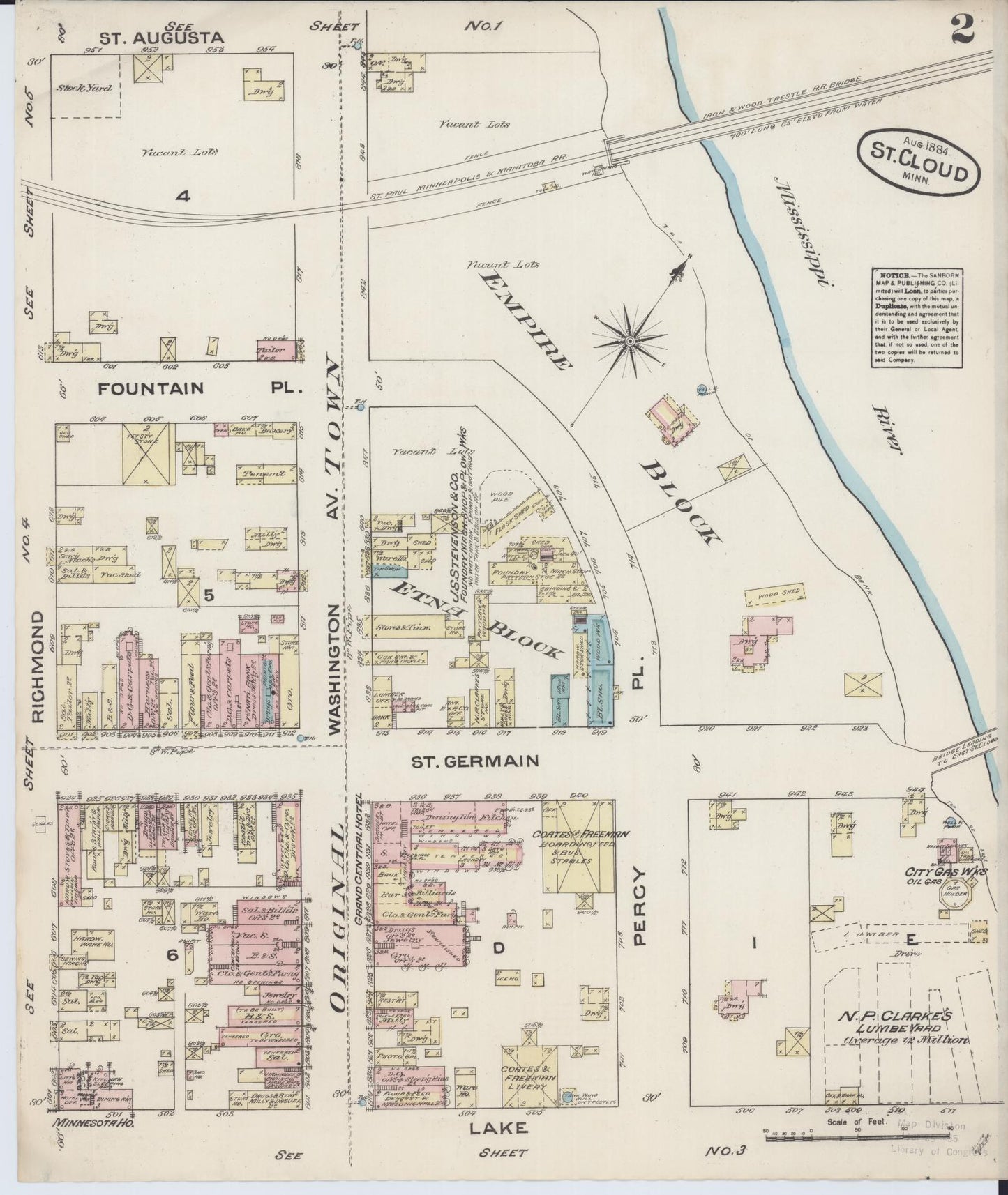 Sanborn Fire Insurance Map from Saint Cloud, Stearns, Benton, and Sherburne Counties, Minnesota (1884), Sheet #0002 - Complete Map Set gallery image, historic Sanborn map, vintage wall art, Minnesota Minnesota