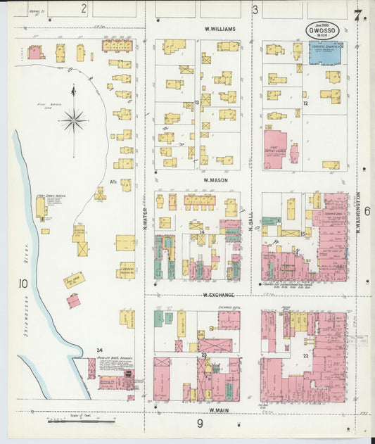 Sanborn Fire Insurance Map from Owosso, Shiawassee County, Michigan (1900), Sheet #0007 - Historic Sanborn Fire Insurance Map Print, vintage old map wall art, antique decor, genealogy gift, Michigan Michigan map