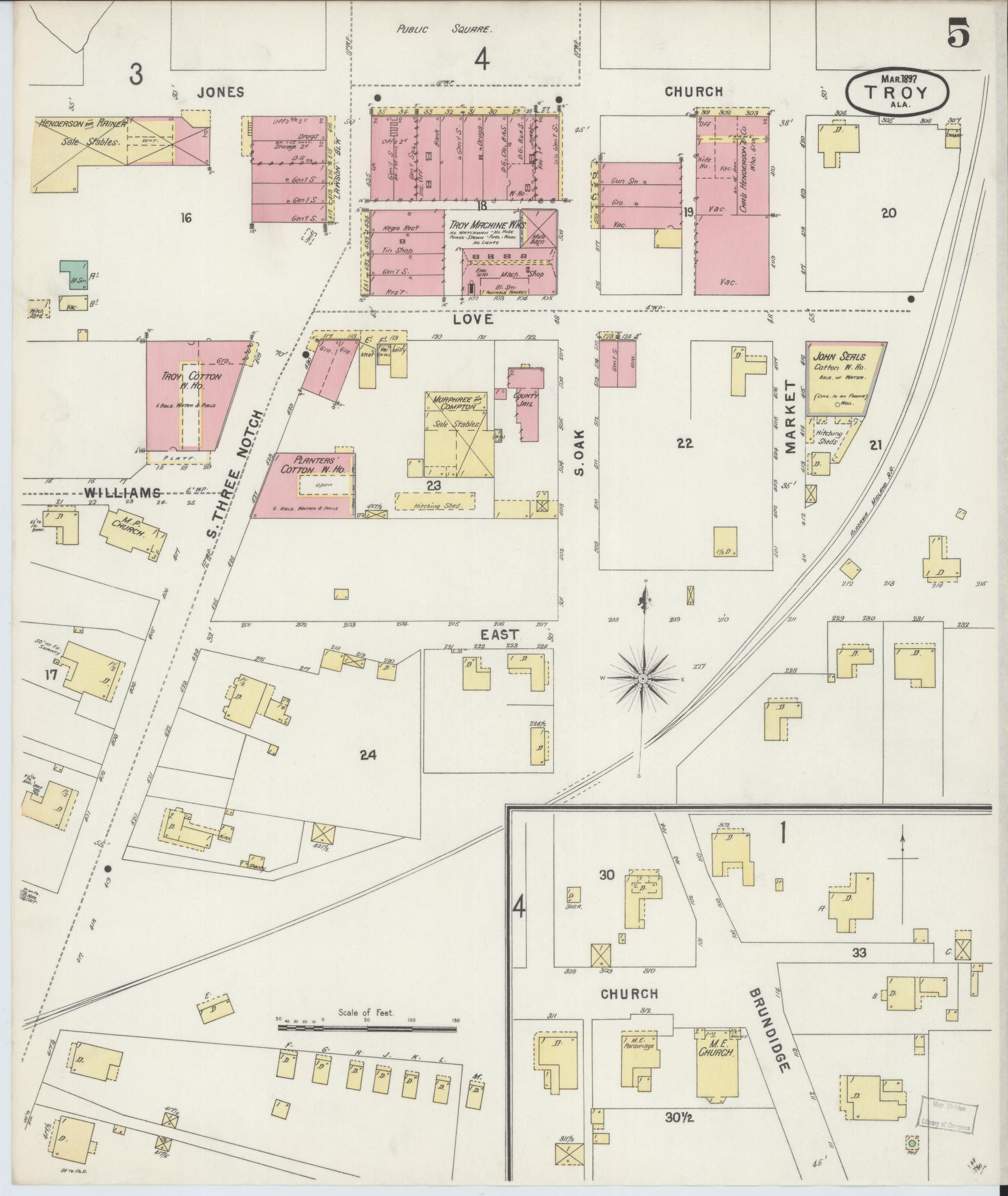 Sanborn Fire Insurance Map from Troy, Pike County, Alabama (1897), Sheet #0005 - Complete Map Set gallery image, historic Sanborn map, vintage wall art, Alabama Alabama