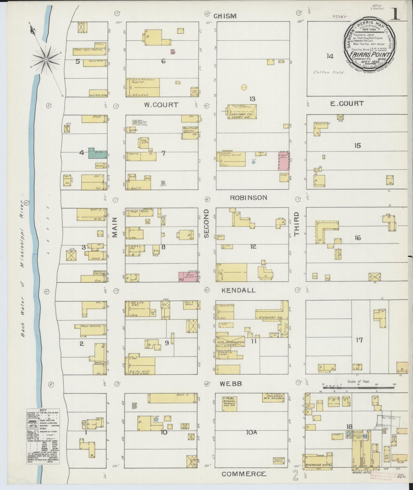 Sanborn Fire Insurance Map from Friars Point, Coahoma County, Mississippi (1893), Sheet #0001 - Complete Map Set gallery image, historic Sanborn map, vintage wall art, Mississippi Mississippi