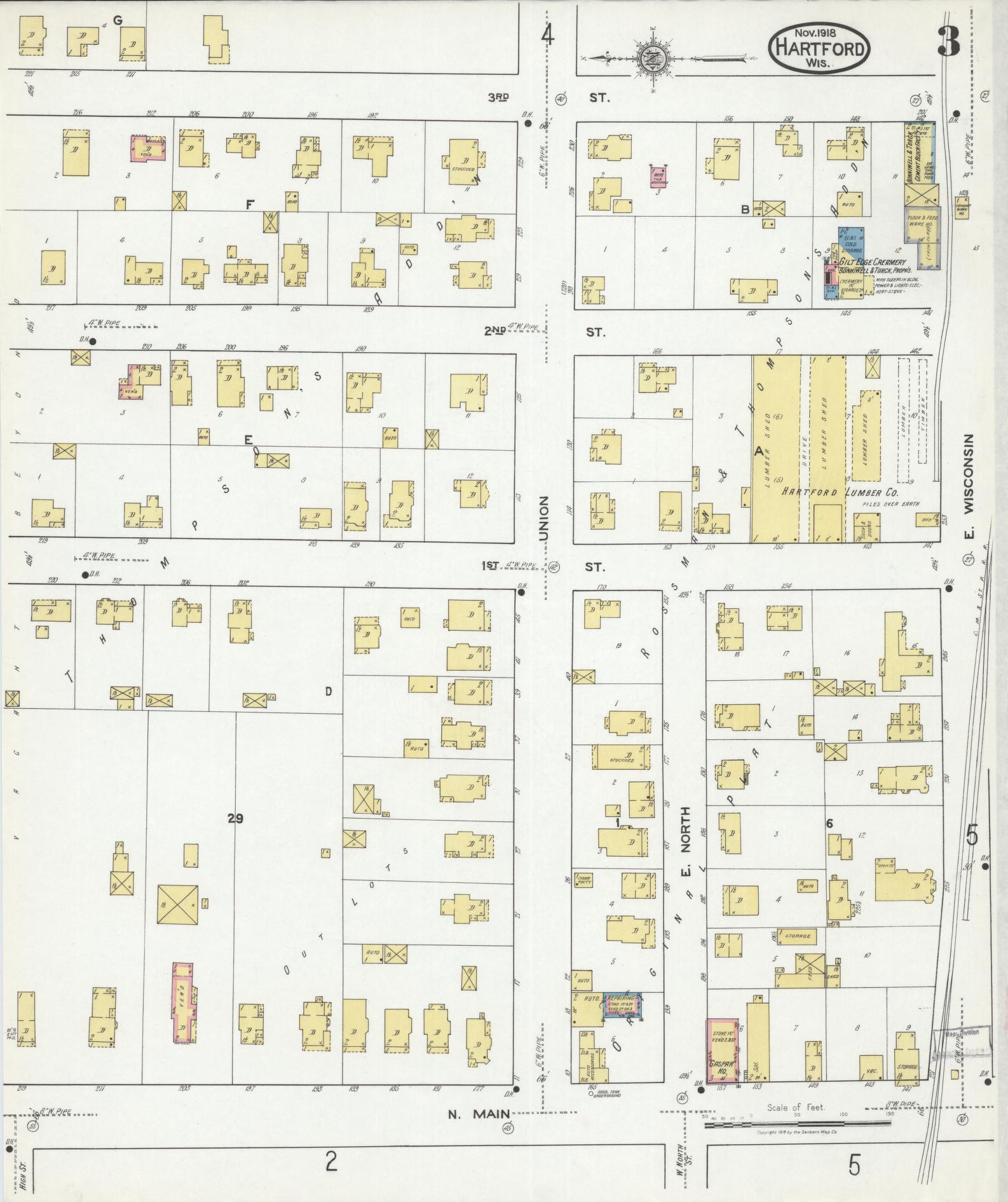 Sanborn Fire Insurance Map from Hartford, Washington County, Wisconsin (1918), Sheet #0003 - Complete Map Set gallery image, historic Sanborn map, vintage wall art, Wisconsin Wisconsin