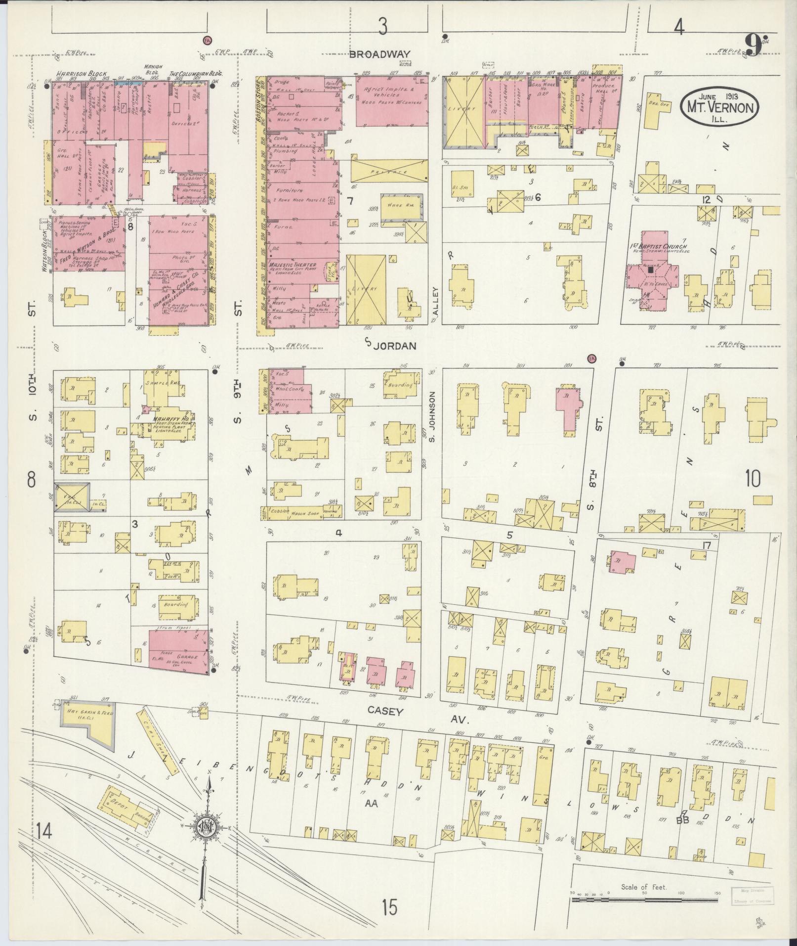 Sanborn Fire Insurance Map from Mount Vernon, Jefferson County, Illinois (1913), Sheet #0009 - Complete Map Set gallery image, historic Sanborn map, vintage wall art, Illinois Illinois