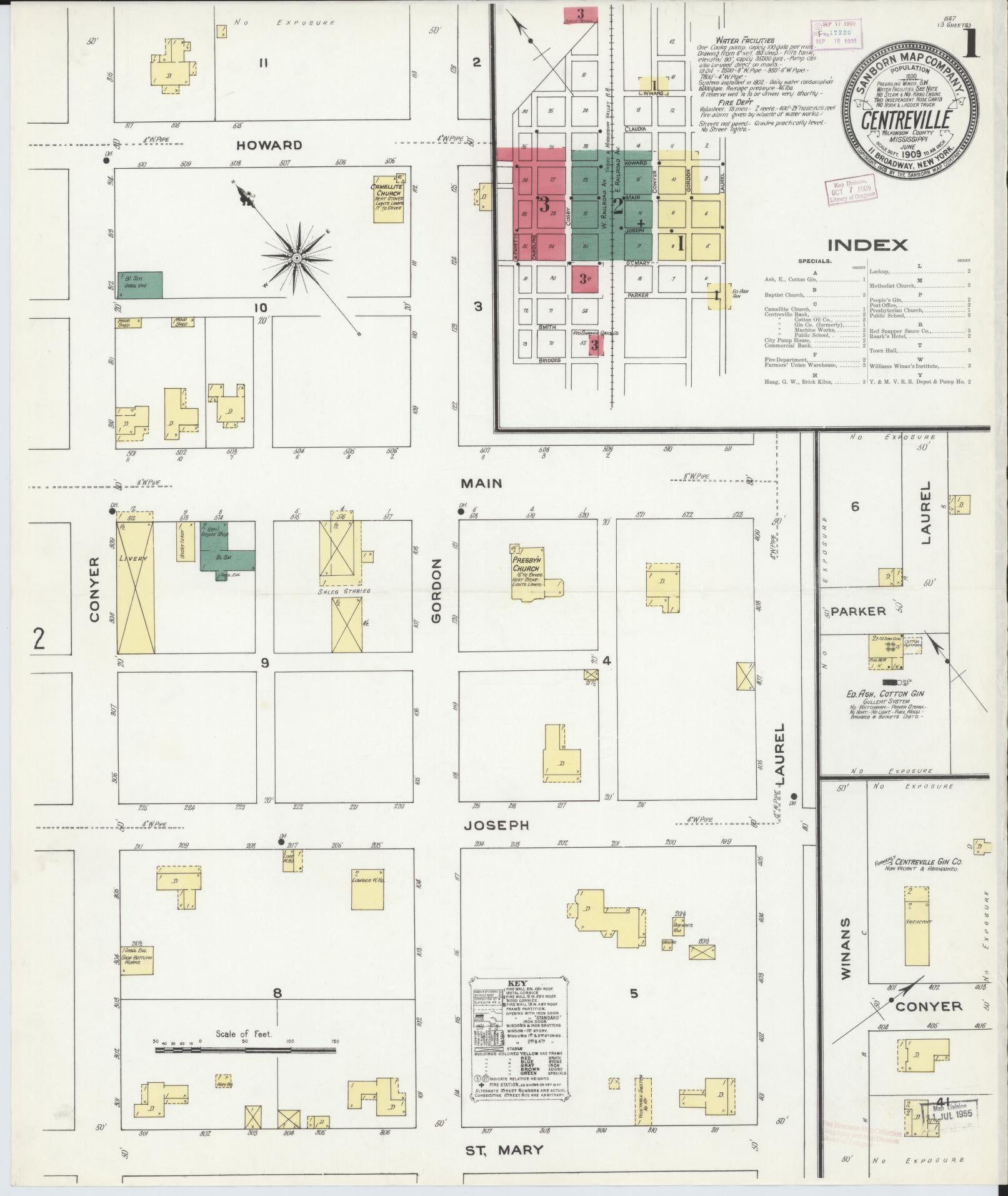 Sanborn Fire Insurance Map from Centreville, Wilkinson County, Mississippi (1909), Sheet #0001 - Historic Sanborn Fire Insurance Map Print, vintage old map wall art, antique decor, genealogy gift, Mississippi Mississippi map